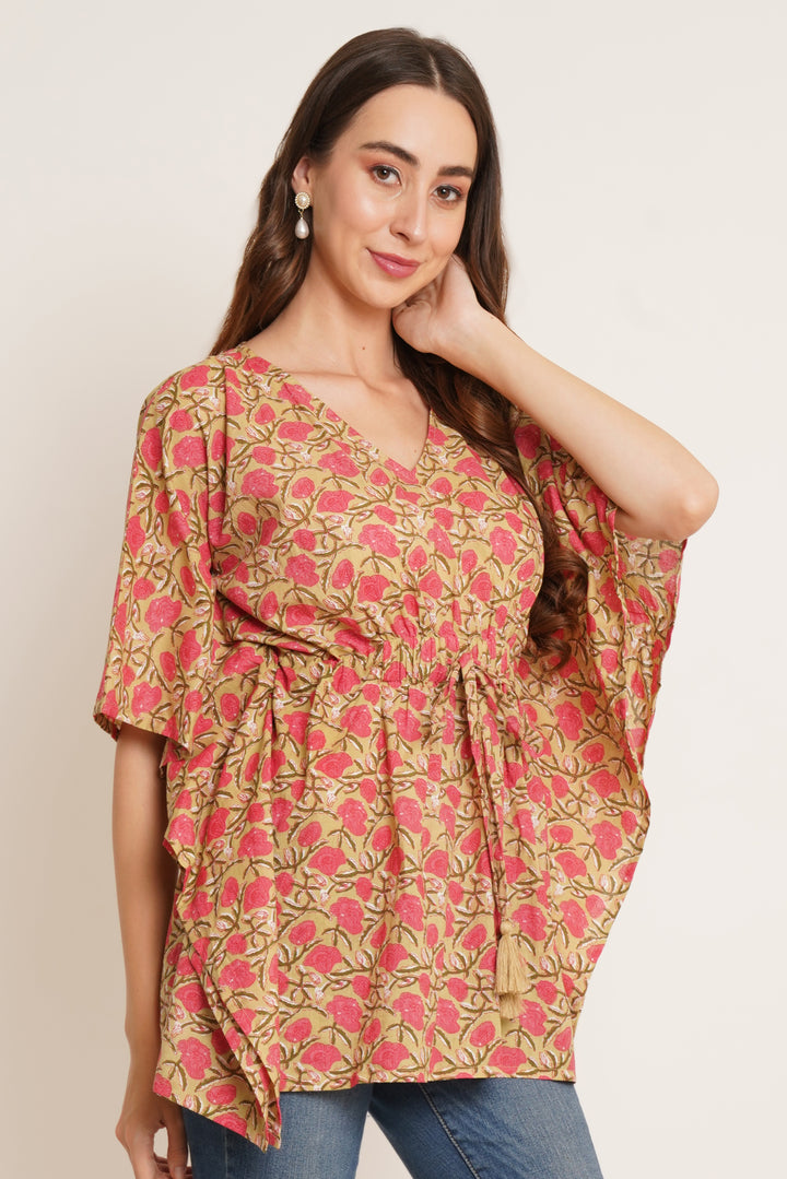 Jaipuri-Baumwoll-Kaftan-Top mit Blumenmuster für Damen