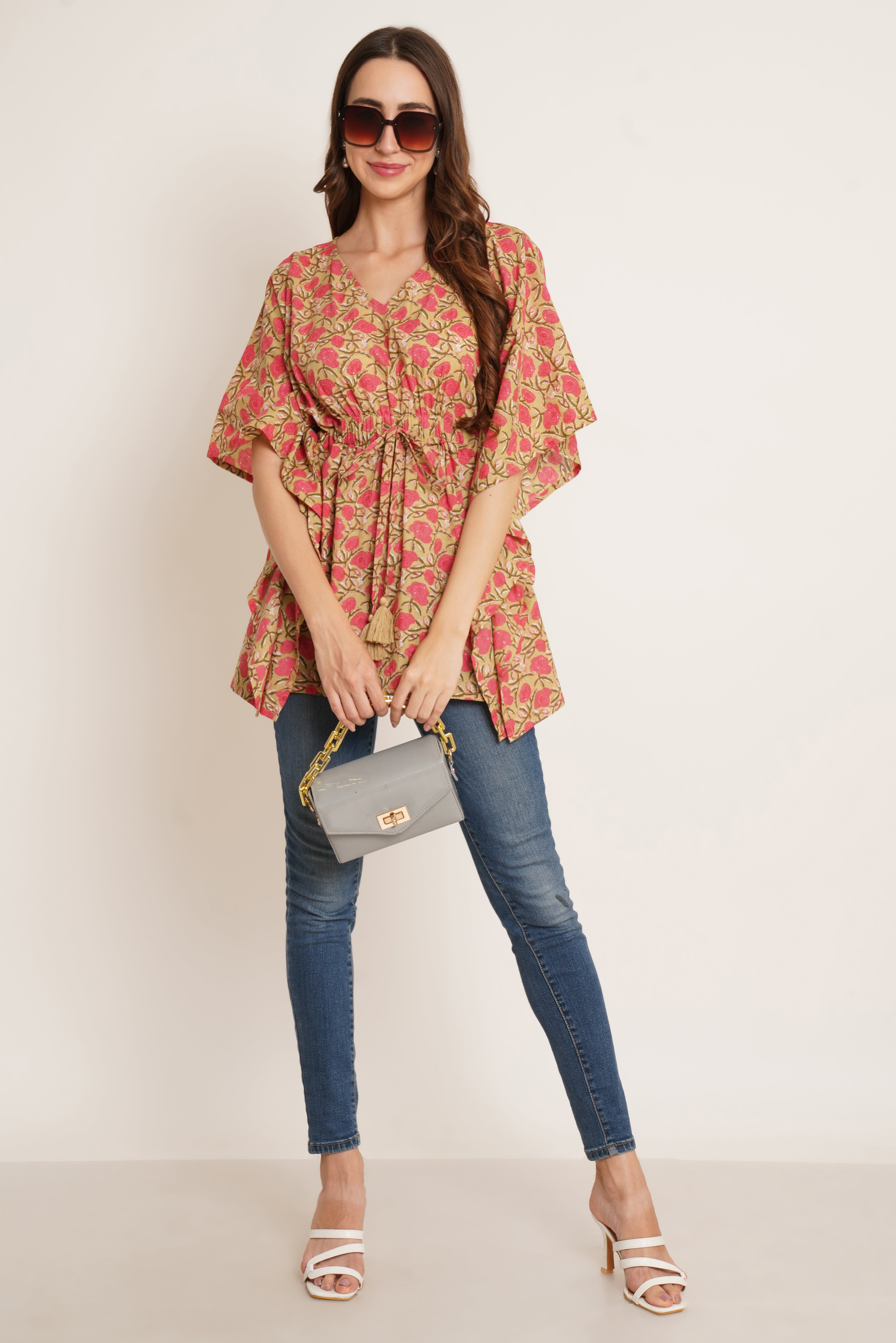 Jaipuri Cotton Floral Kaftan Top For Women