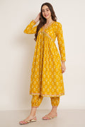 Mustard Yellow Cotton Kurta with Afghani Pant Set for Women