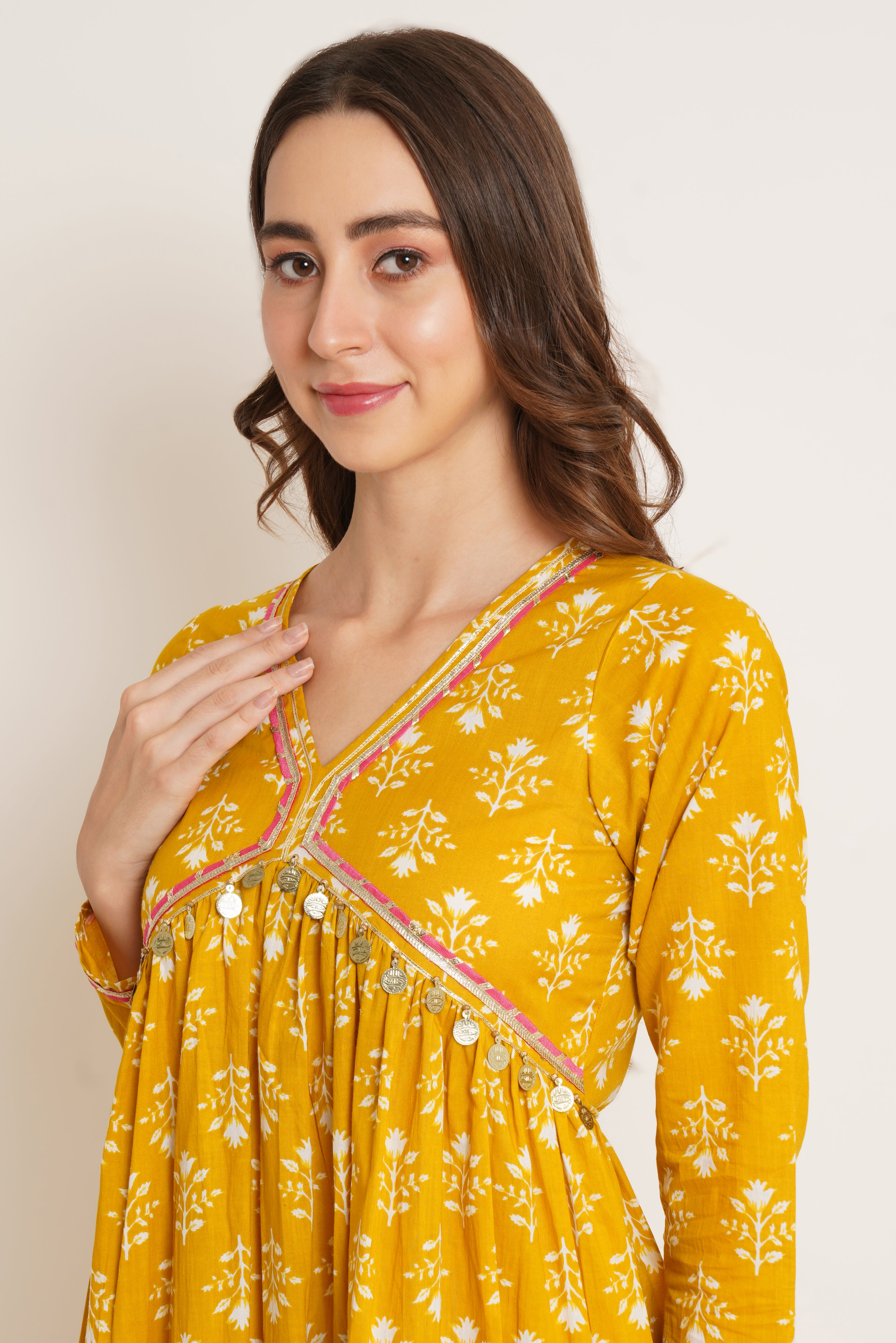 Mustard Yellow Cotton Kurta with Afghani Pant Set for Women