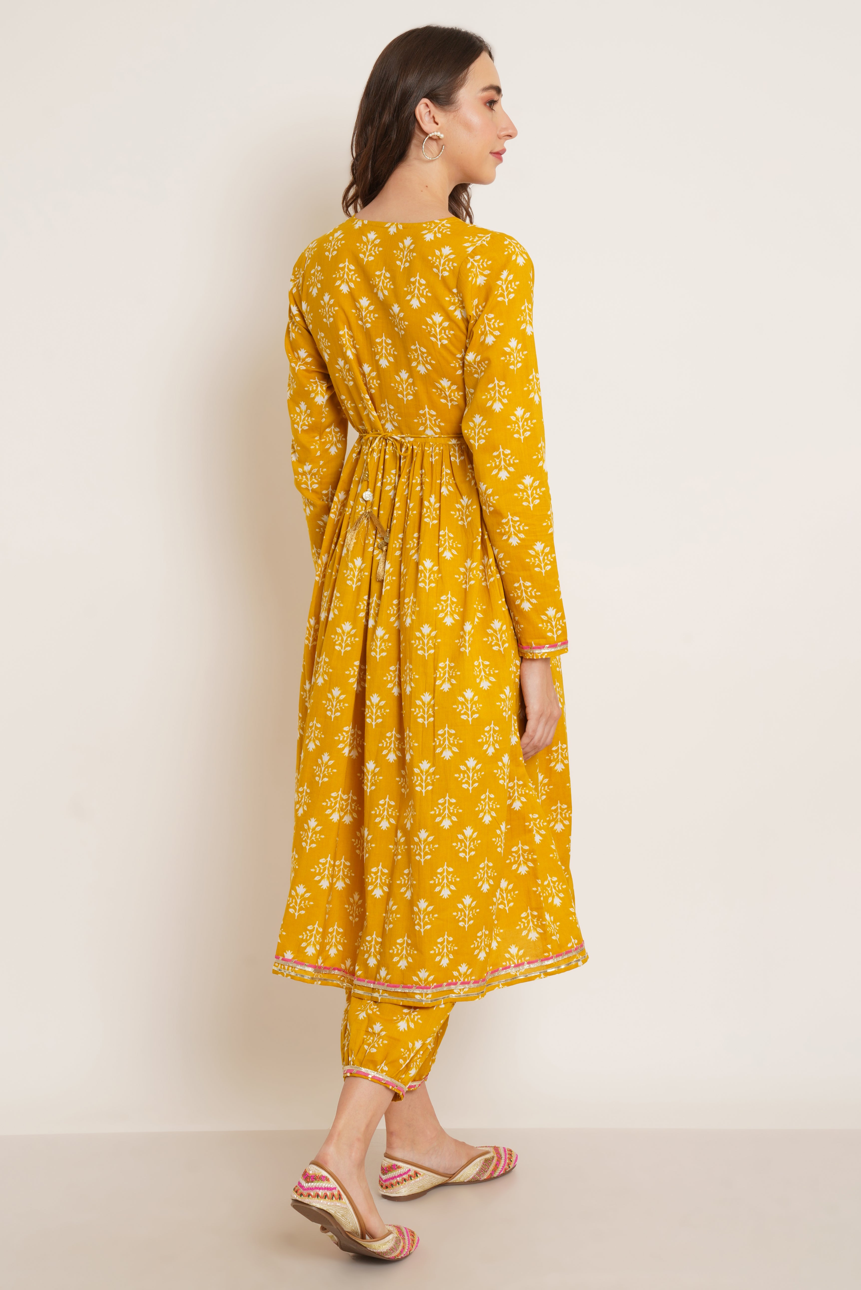 Mustard Yellow Cotton Kurta with Afghani Pant Set for Women