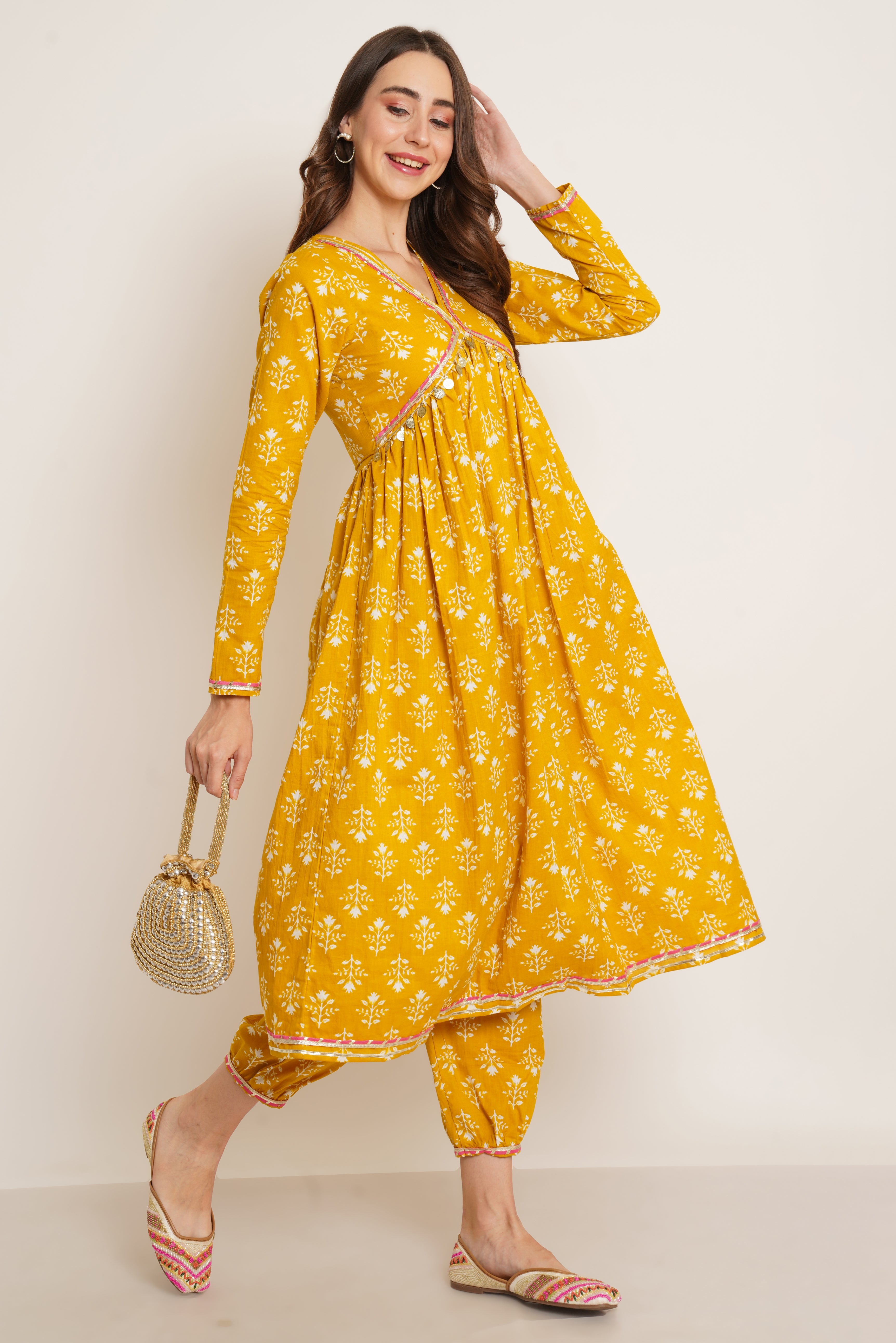 Mustard Yellow Cotton Kurta with Afghani Pant Set for Women