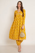 Mustard Yellow Cotton Kurta with Afghani Pant Set for Women
