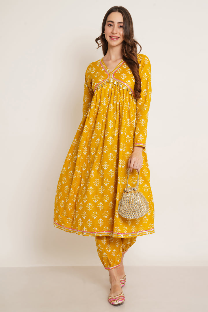 Mustard Yellow Cotton Kurta with Afghani Pant Set for Women