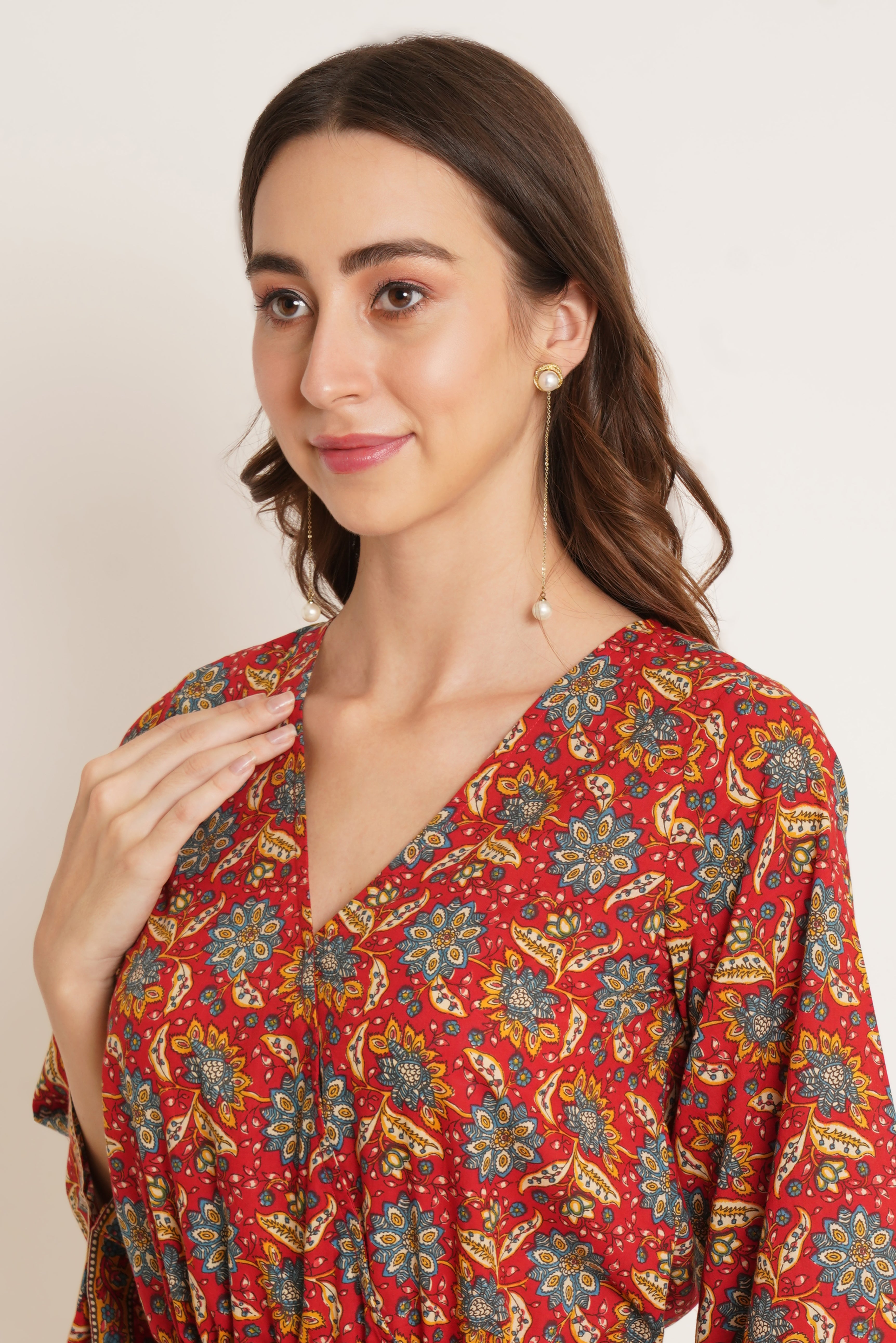 Red Bohemian Floral Bell Sleeve Playsuit For Women