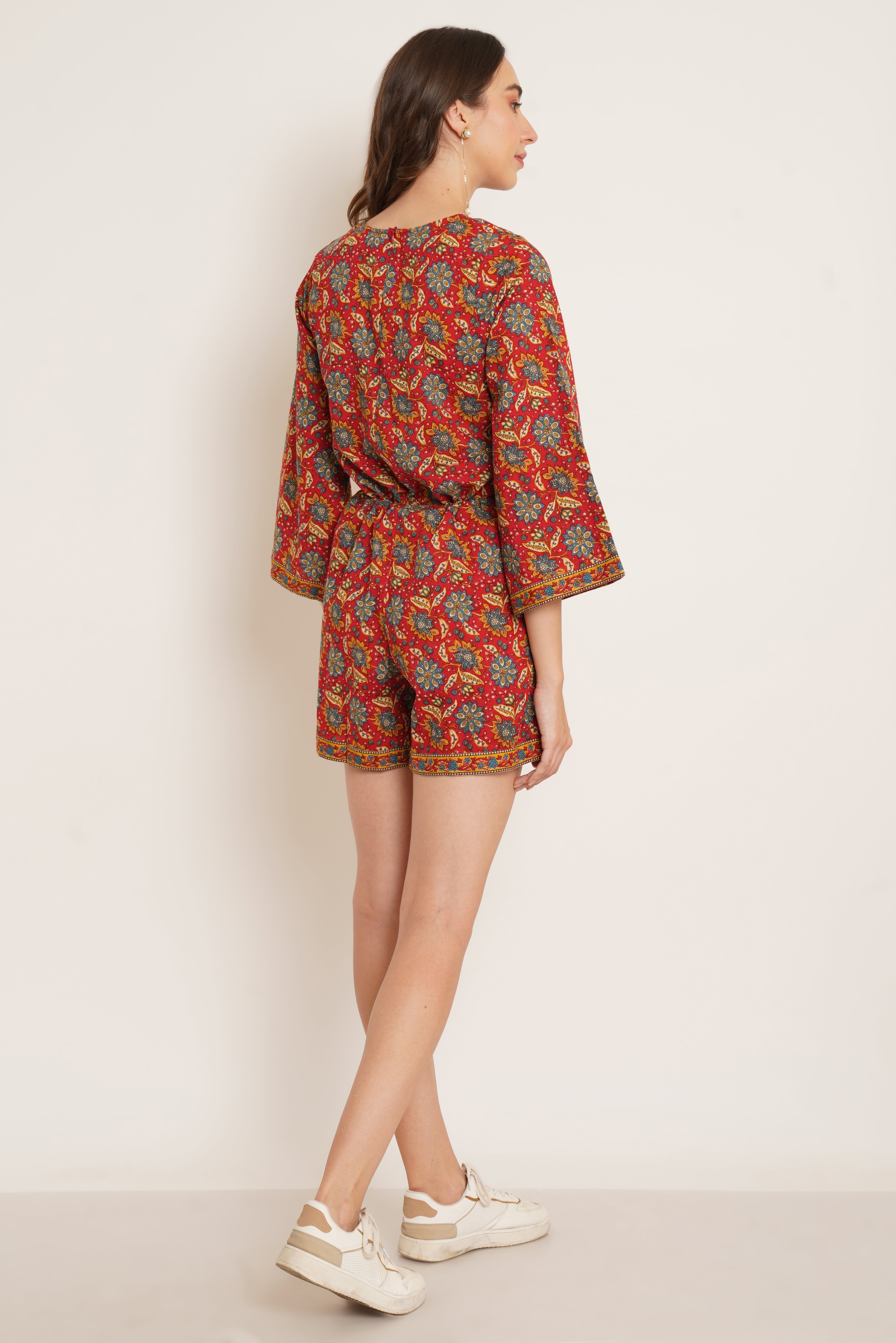 Red Bohemian Floral Bell Sleeve Playsuit For Women