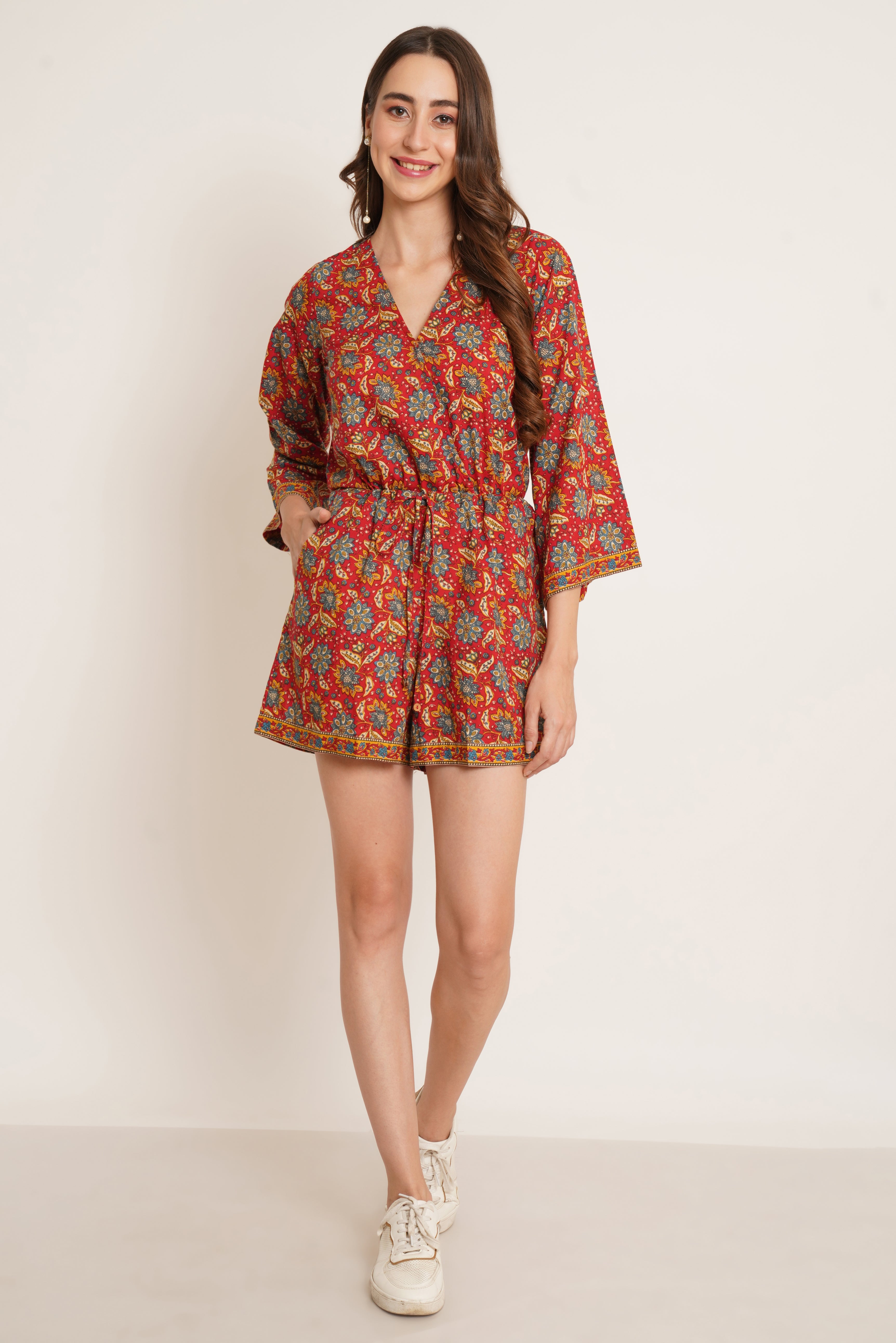 Red Bohemian Floral Bell Sleeve Playsuit For Women