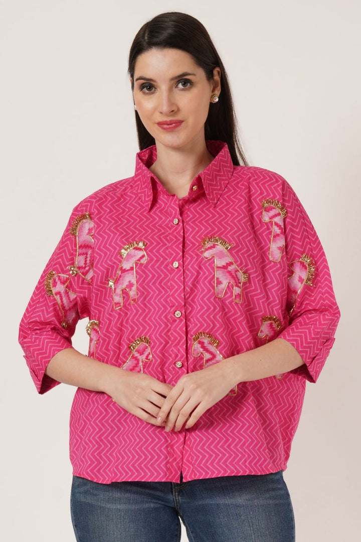 Jaipuri Cotton Zigzag Oversized Shirt for Women