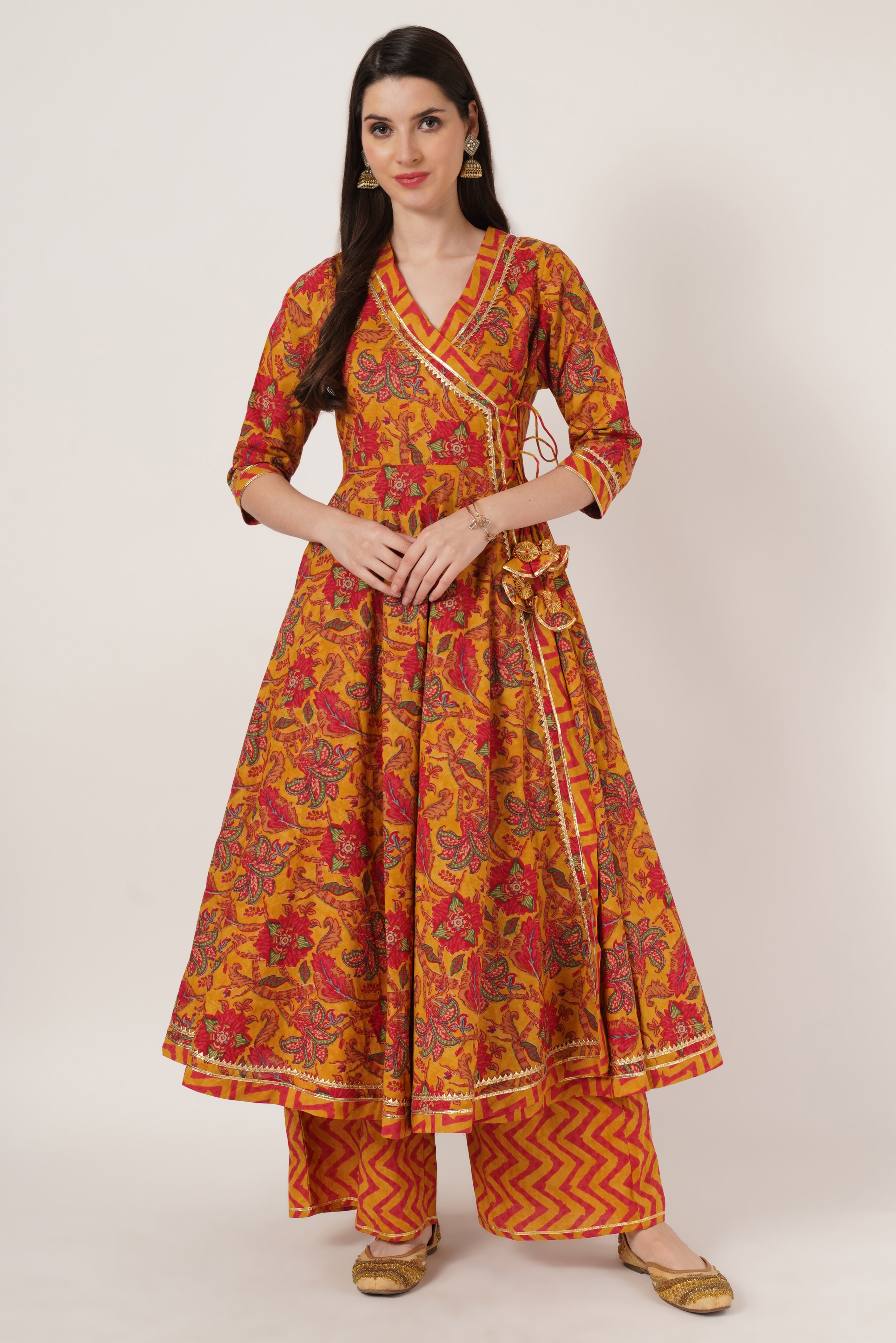 Rajasthani Angrakha Cotton Kurta Set with Palazzo For Women