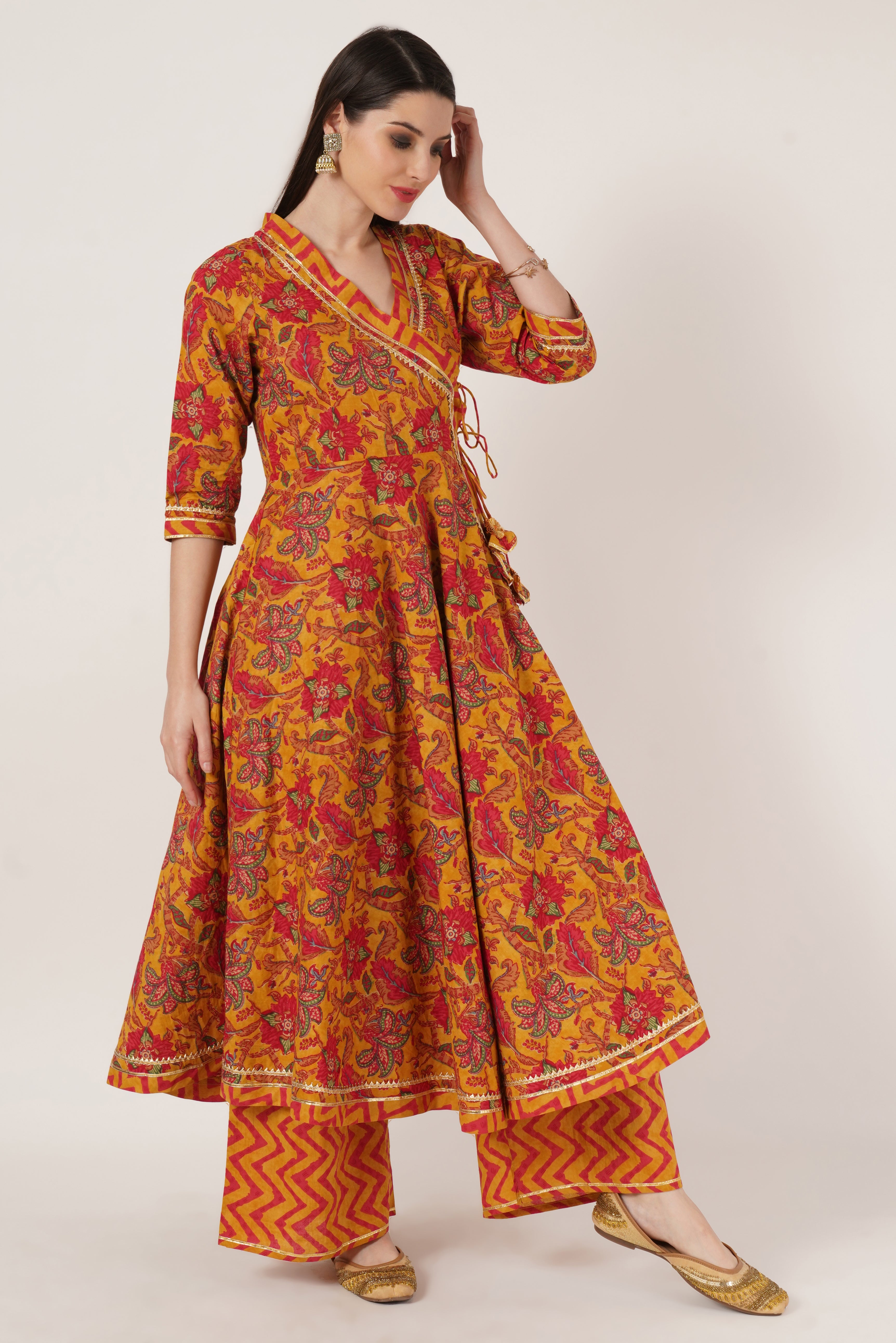 Rajasthani Angrakha Cotton Kurta Set with Palazzo For Women