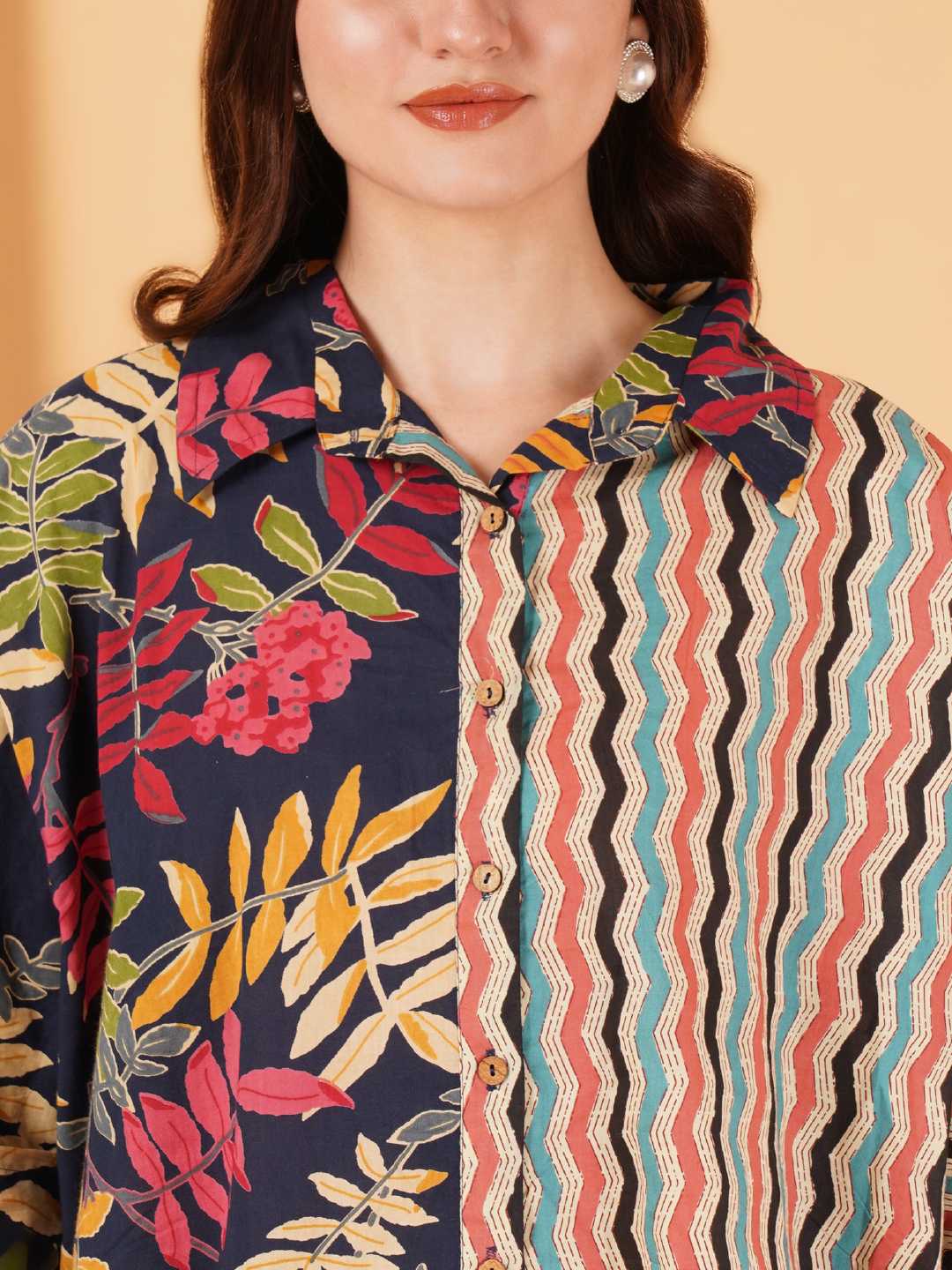 Pure Cotton Floral & Chevron Oversized Shirt For Women