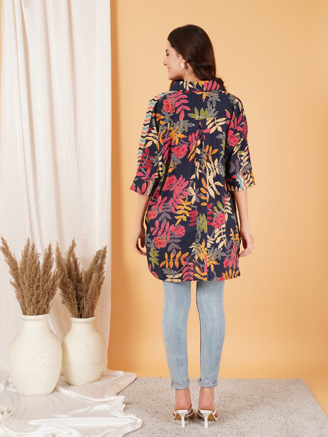 Pure Cotton Floral & Chevron Oversized Shirt For Women