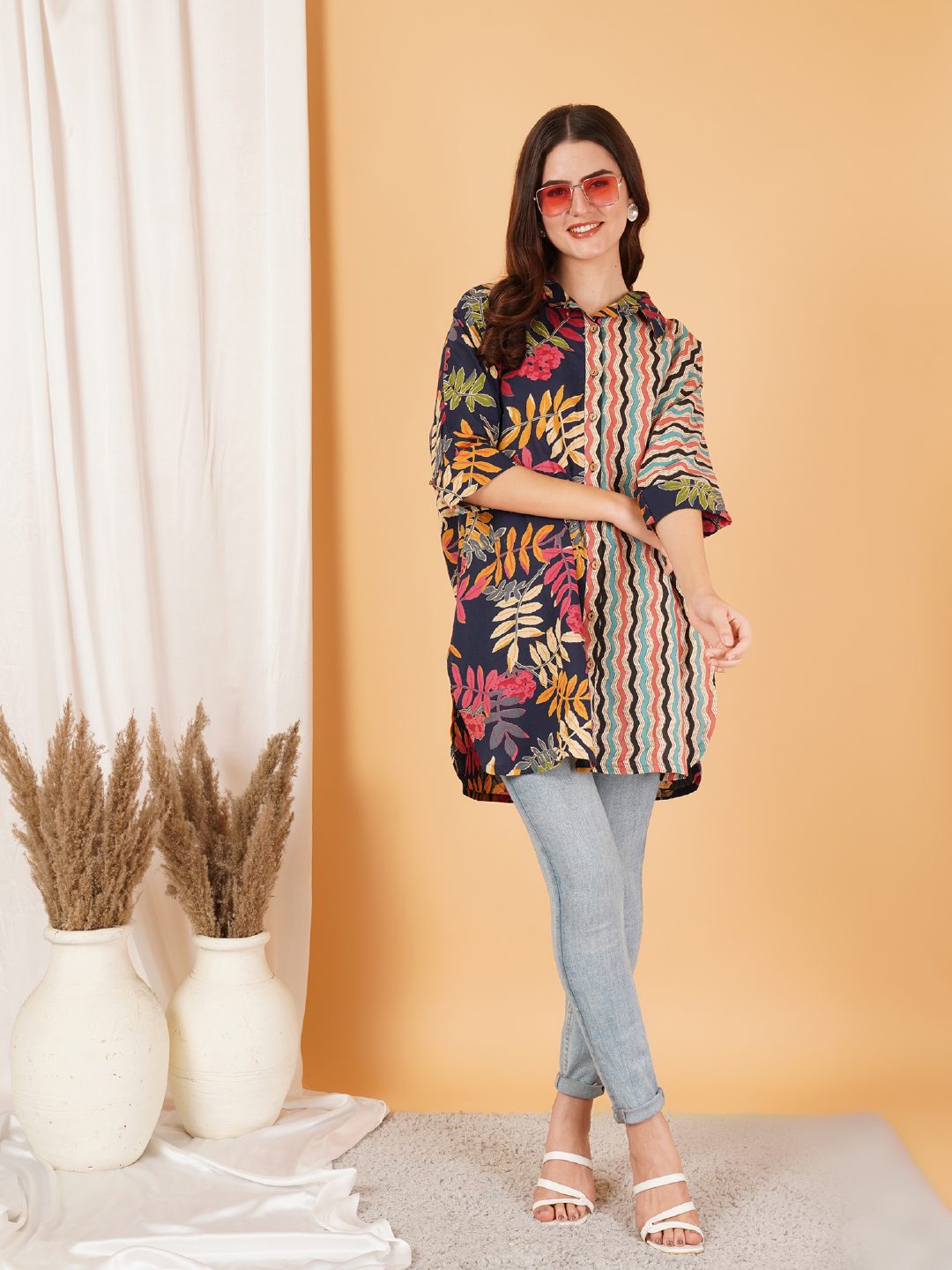 Pure Cotton Floral & Chevron Oversized Shirt For Women