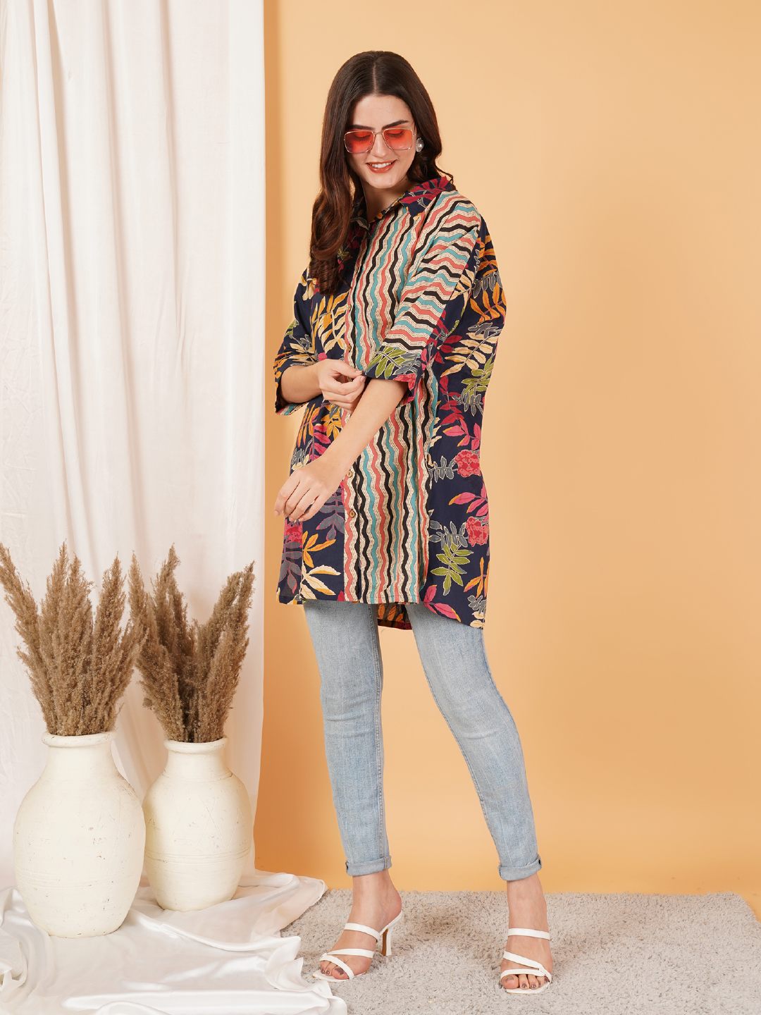 Pure Cotton Floral & Chevron Oversized Shirt For Women