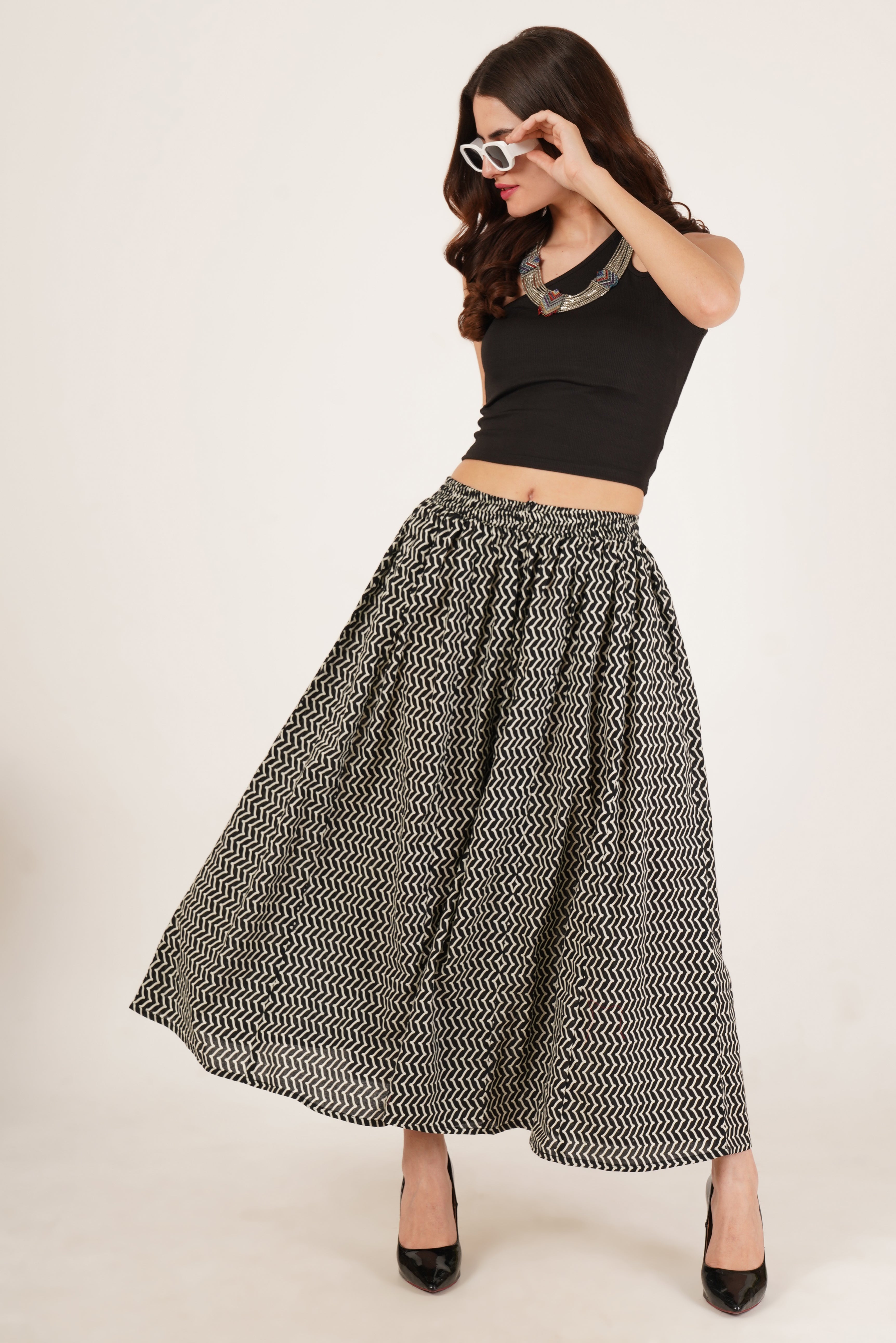 High-Waist Flared Palazzo with Geometric Print for Women