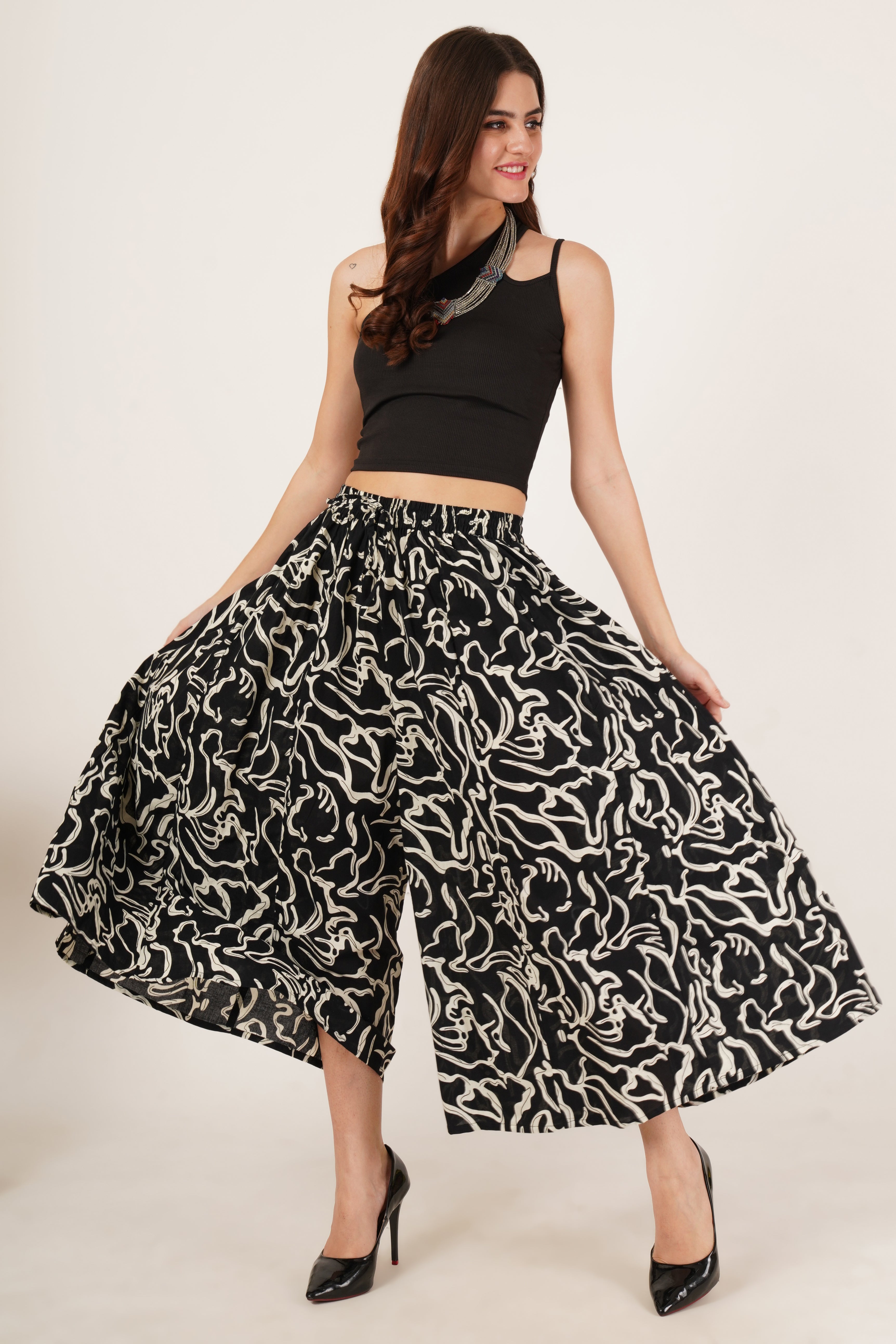 Monochrome Abstract Pattern Flared Palazzo for Women