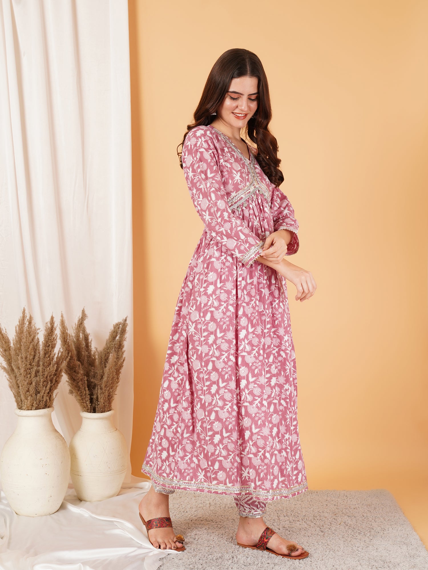 Pink Alia Cut Cotton Kurta with Pant Set For Women