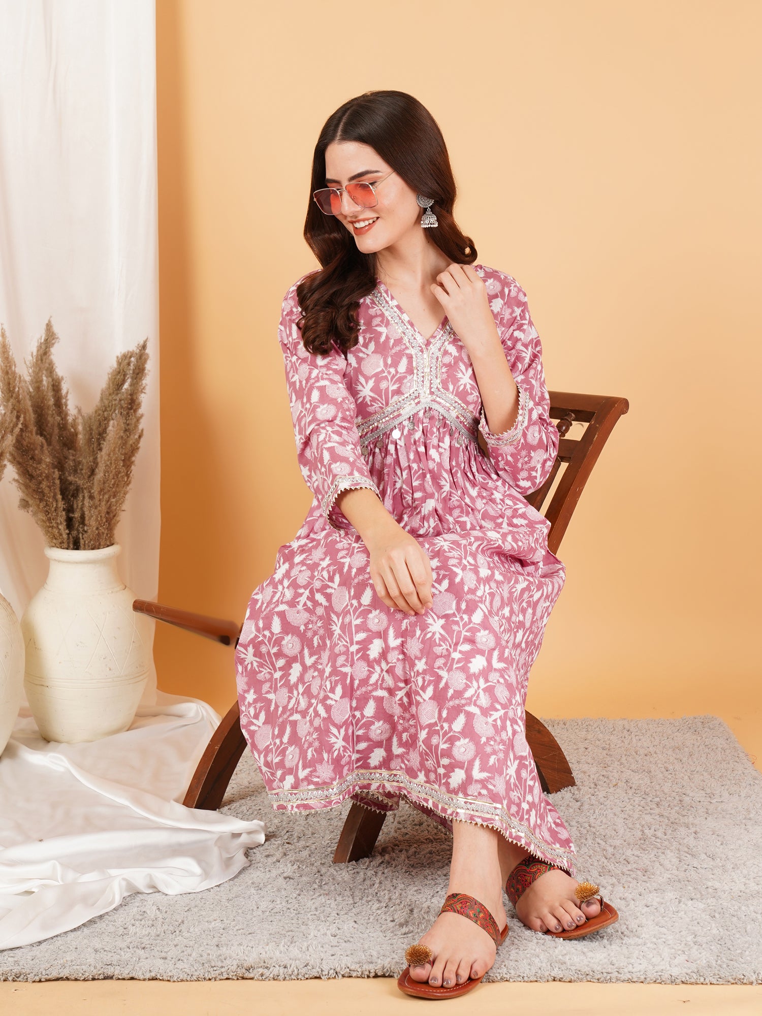 Pink Alia Cut Cotton Kurta with Pant Set For Women