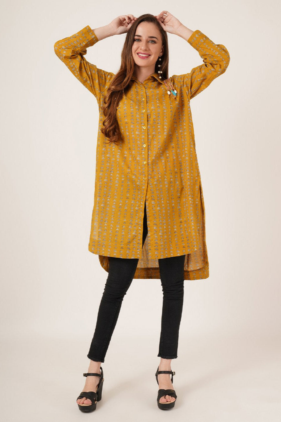 Ethnic Pattern Longline Oversized Shirt For Women