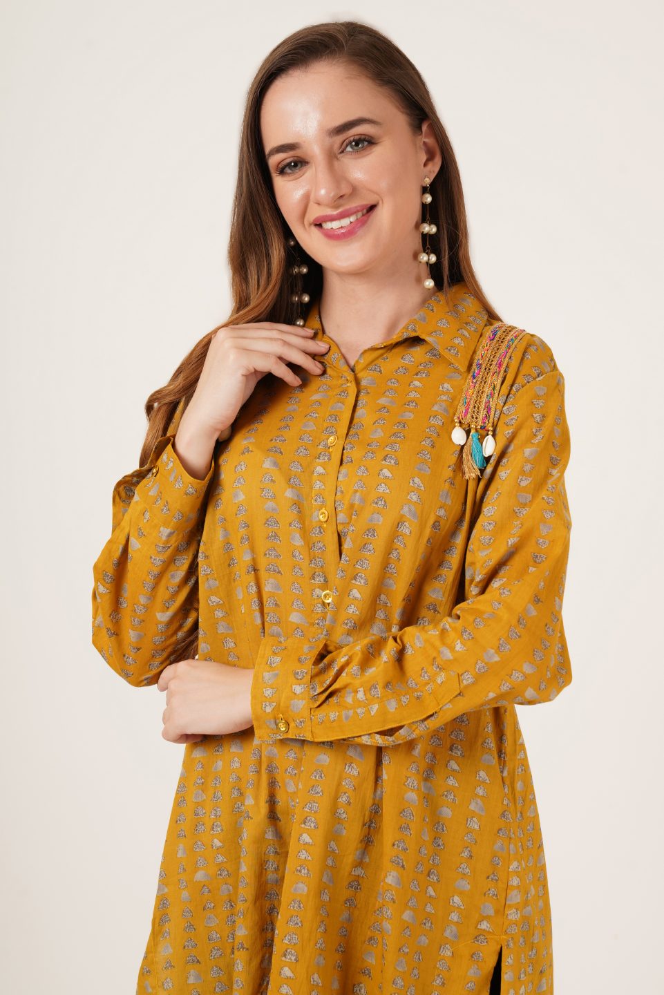 Ethnic Pattern Longline Shirt in Jaipuri Cotton For Women