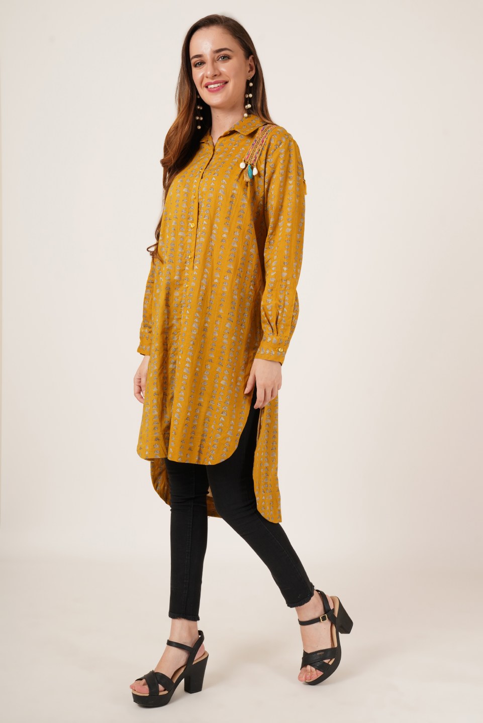 Ethnic Pattern Longline Shirt in Jaipuri Cotton For Women