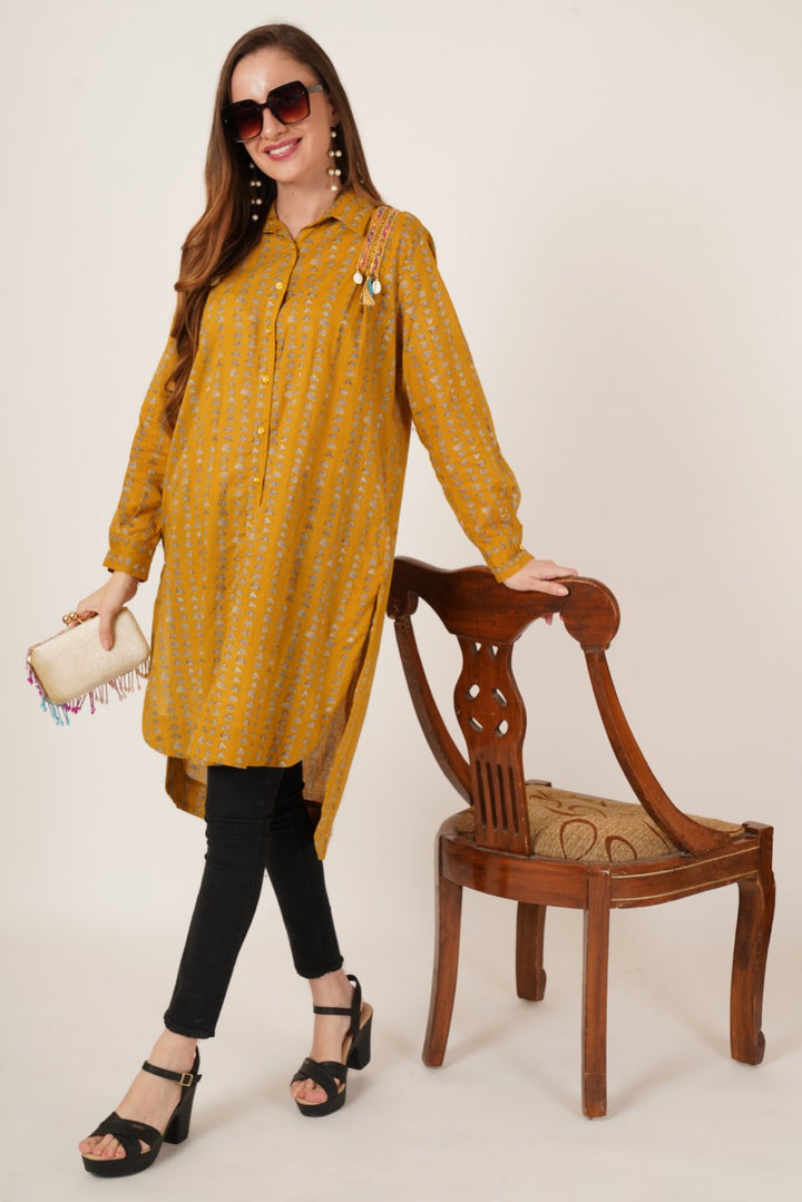 Ethnic Pattern Longline Oversized Shirt For Women