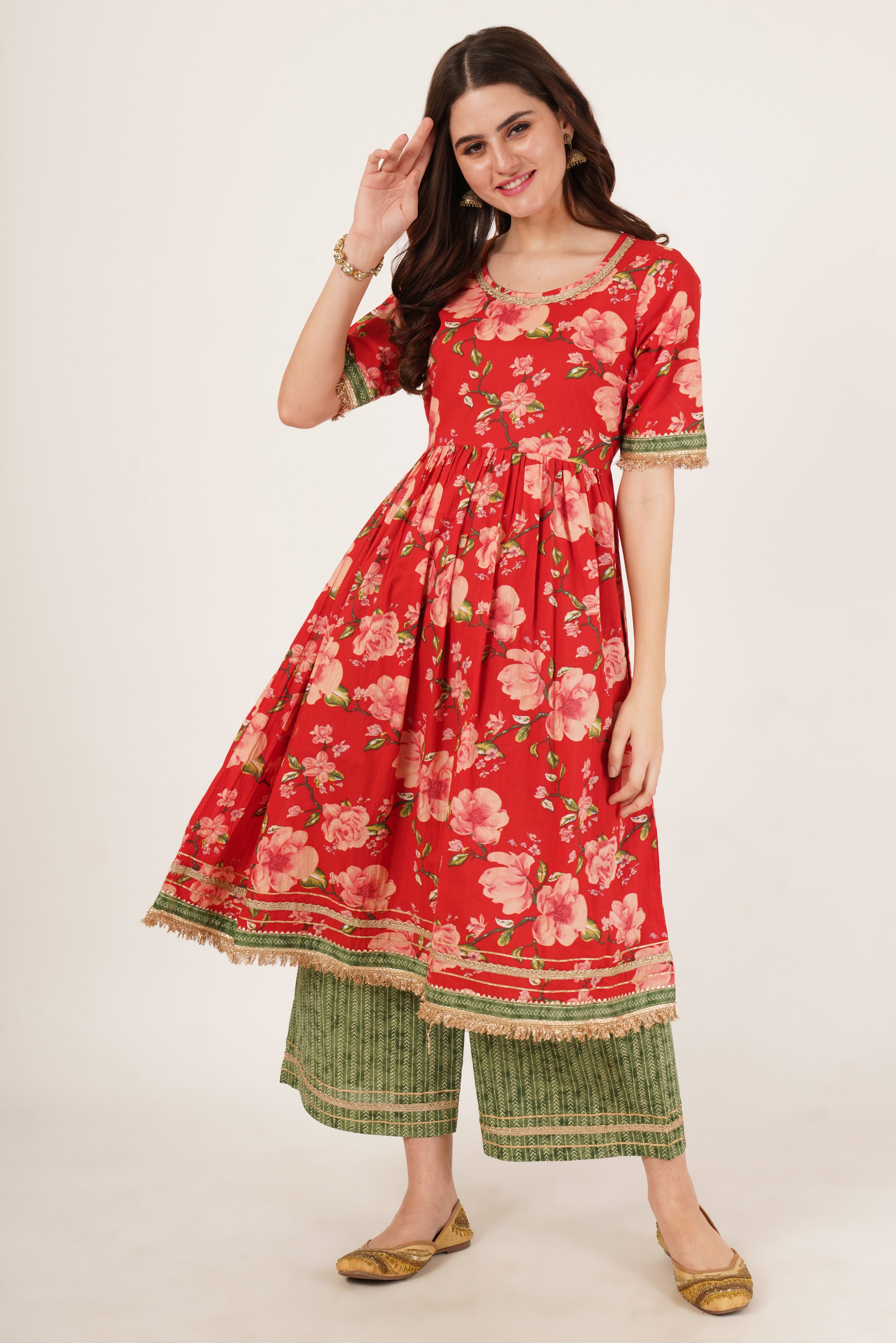 Festive A-Line Cotton Kurta with Palazzo Set For Women