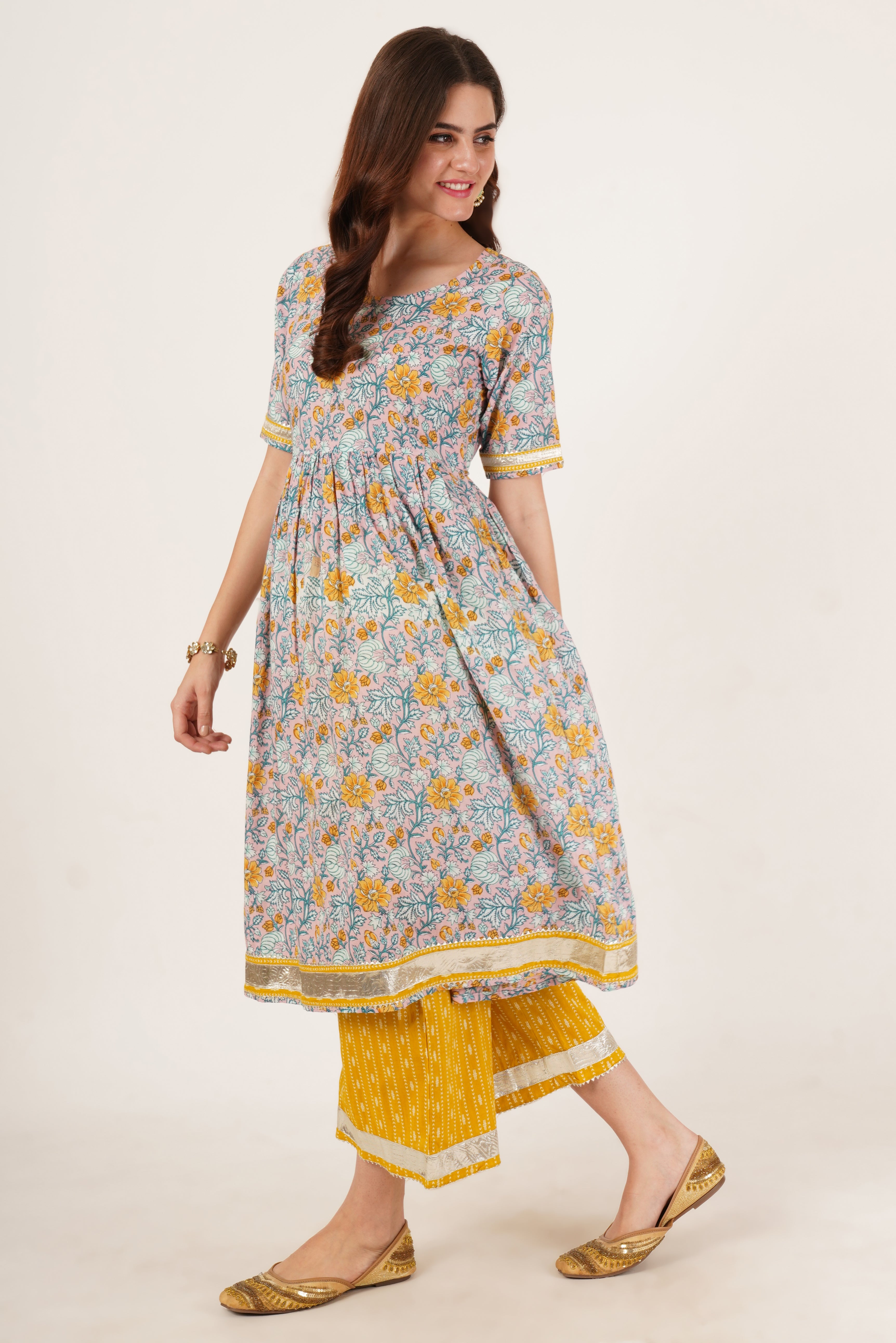 Festive Style Cotton A-Line Kurta with Palazzo Set for Women