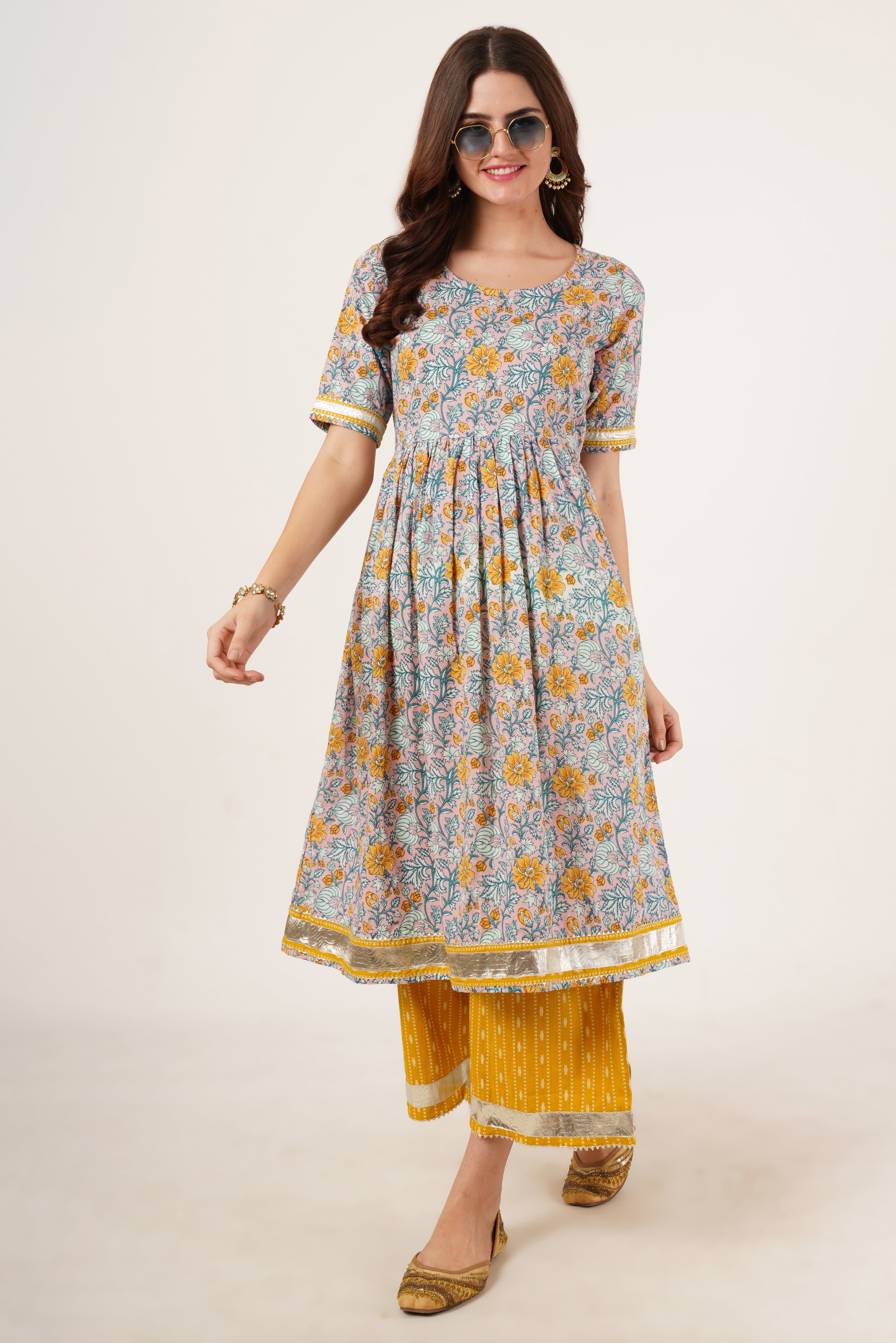 Festive Style Cotton A-Line Kurta with Palazzo Set for Women