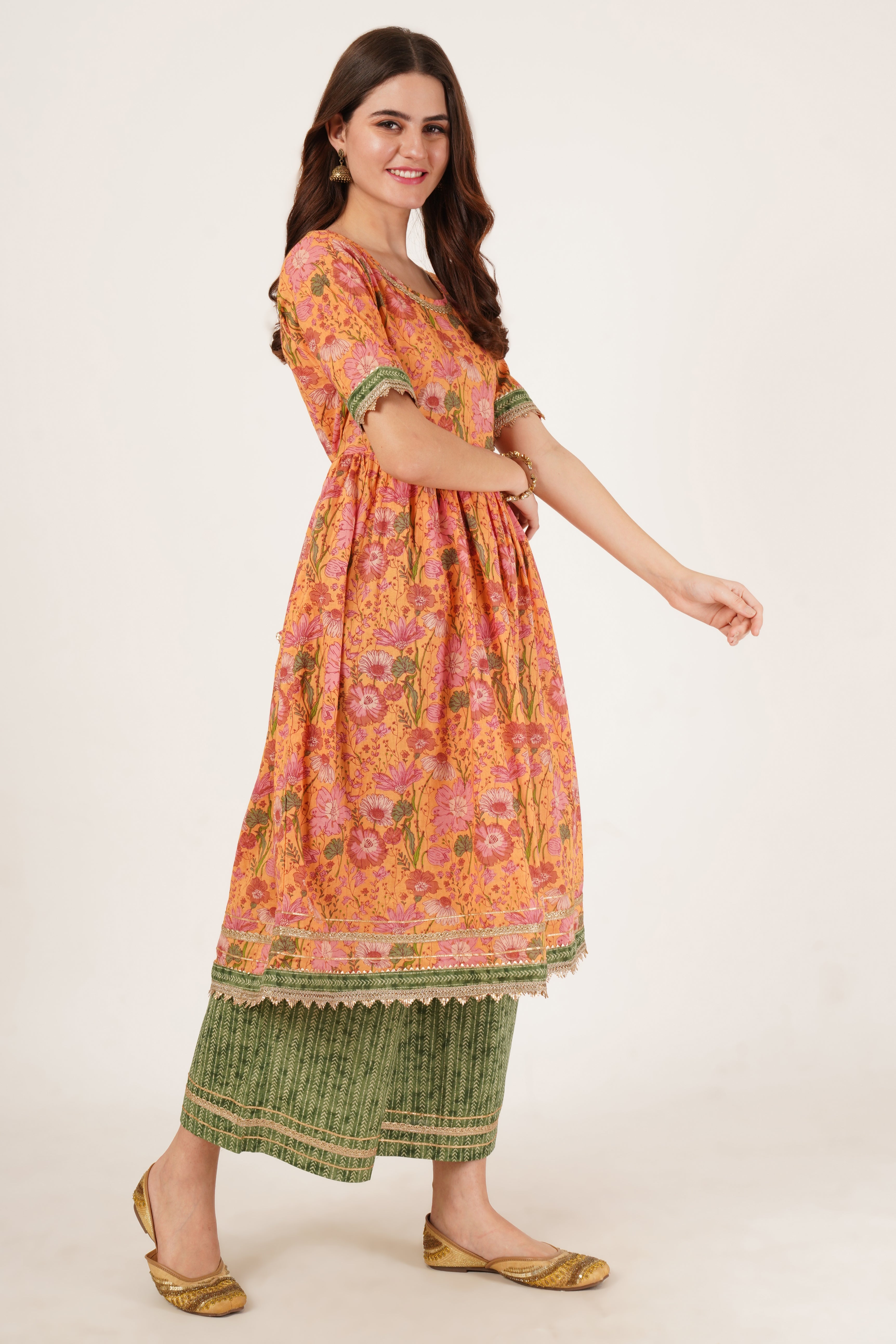 Festive A-Line Floral Cotton Kurta with Palazzo Set For Women