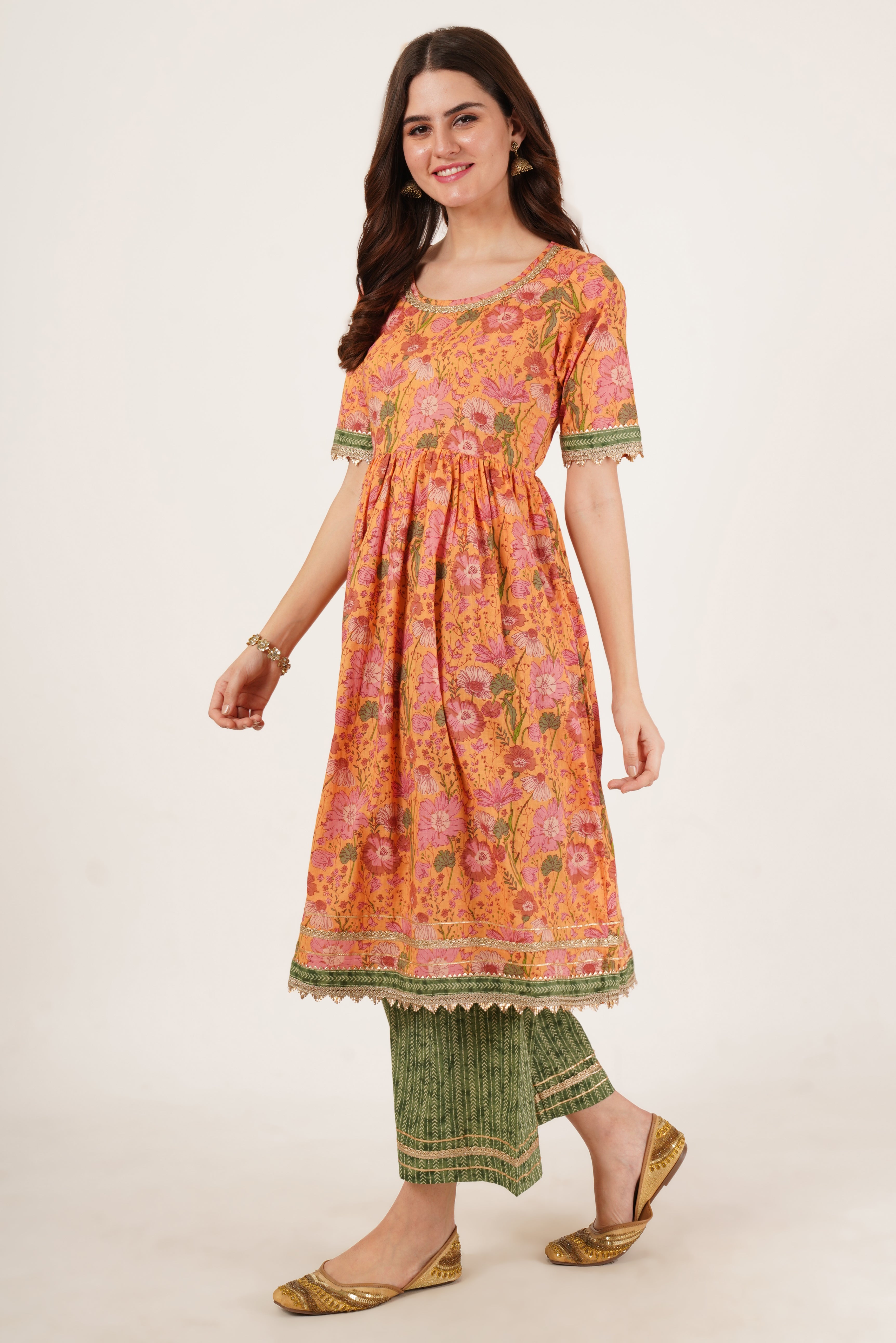 Festive A-Line Floral Cotton Kurta with Palazzo Set For Women