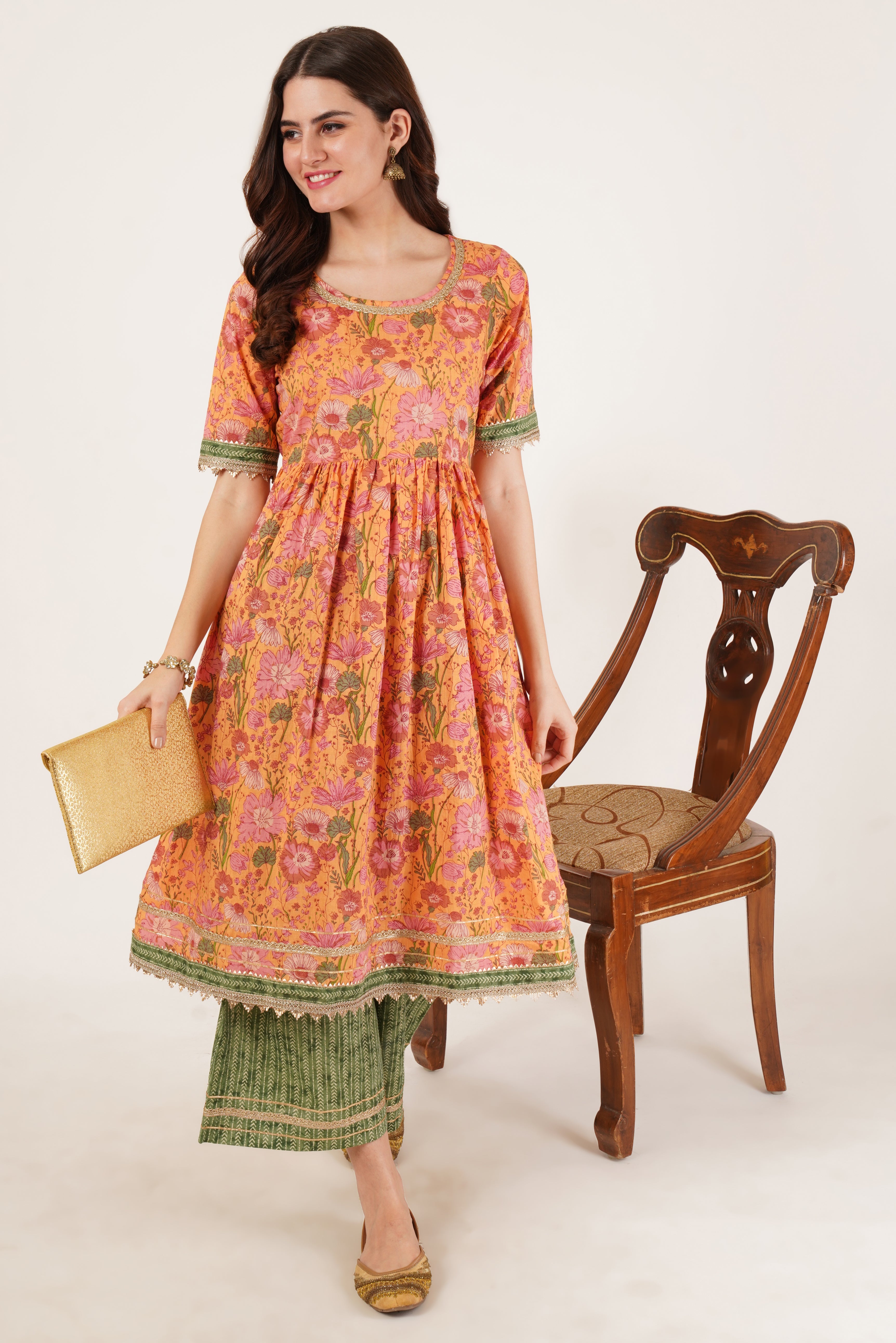 Festive A-Line Floral Cotton Kurta with Palazzo Set For Women