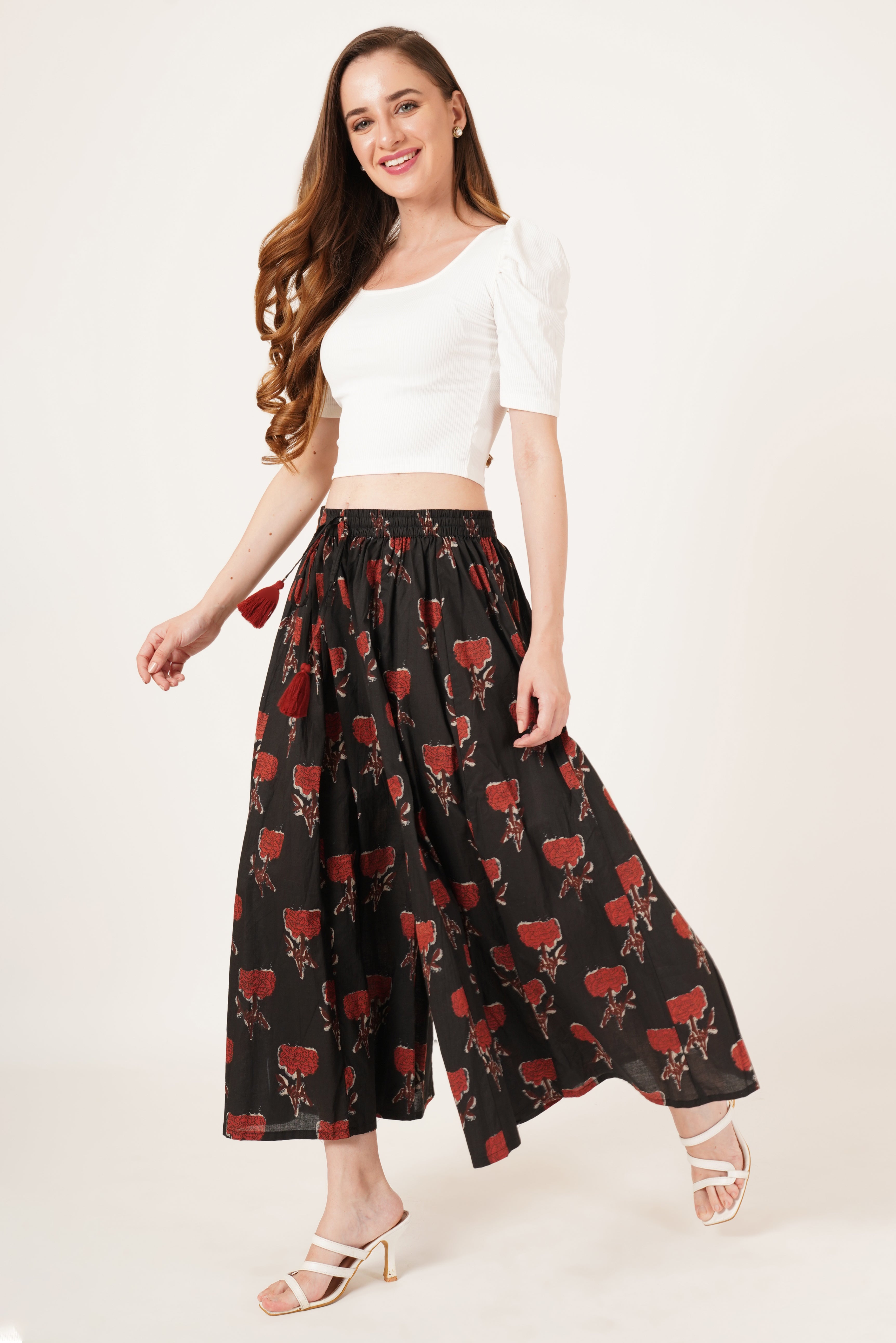 Timeless Black Maroon Rose Print Palazzo for Women