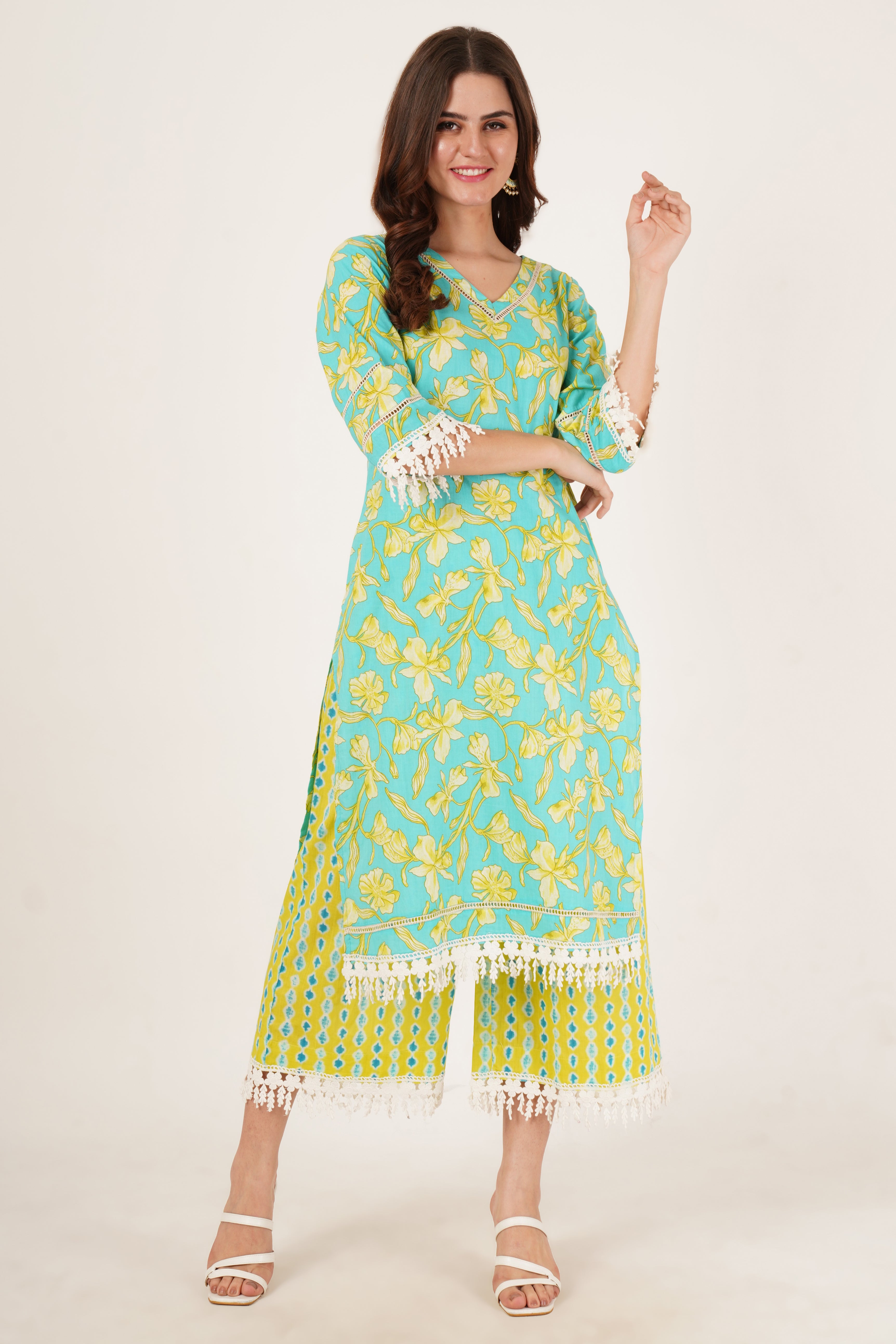 Straight Floral Printed Cotton Kurta with Palazzo Set for Women