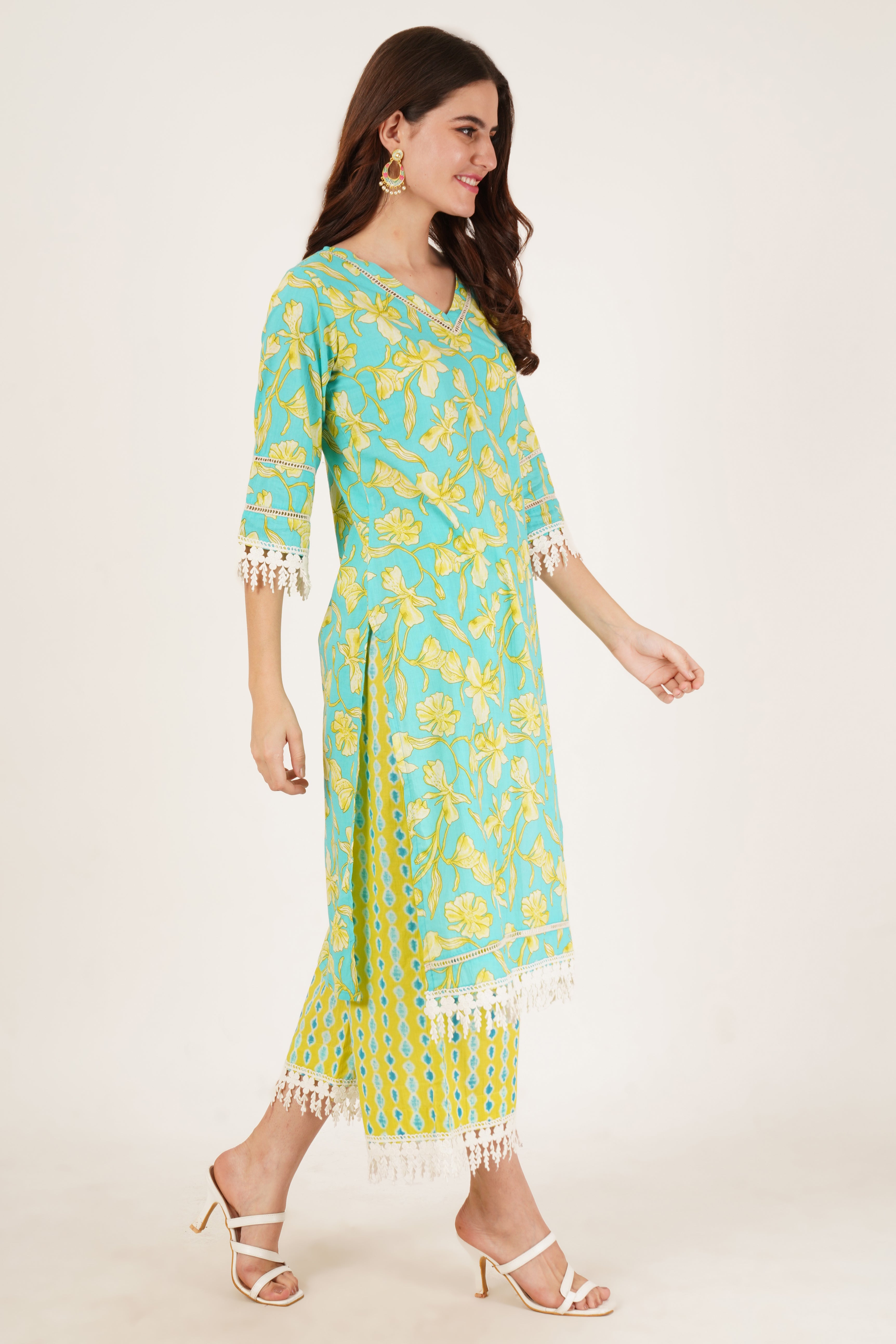 Straight Floral Printed Cotton Kurta with Palazzo Set for Women