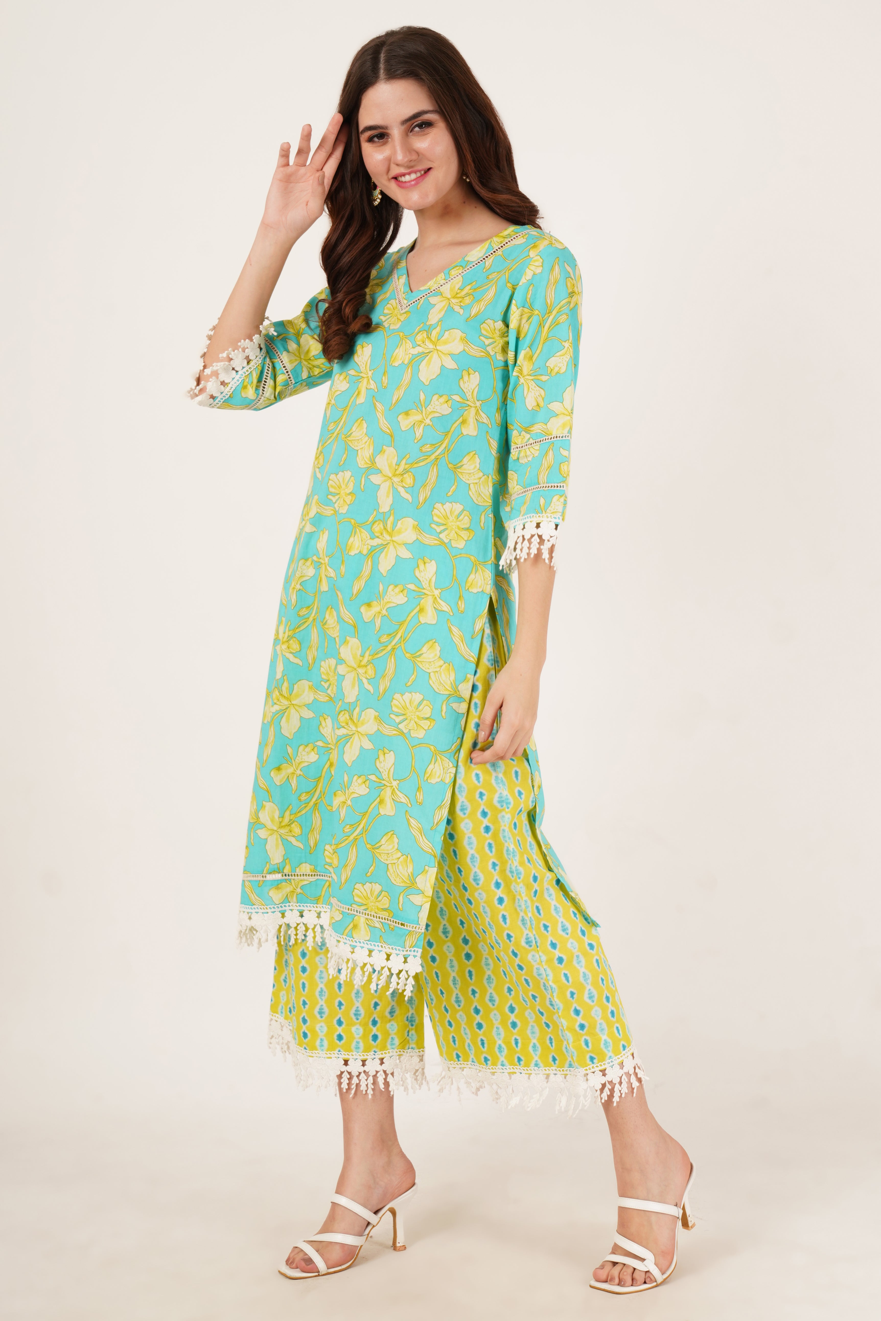 Straight Floral Printed Cotton Kurta with Palazzo Set for Women