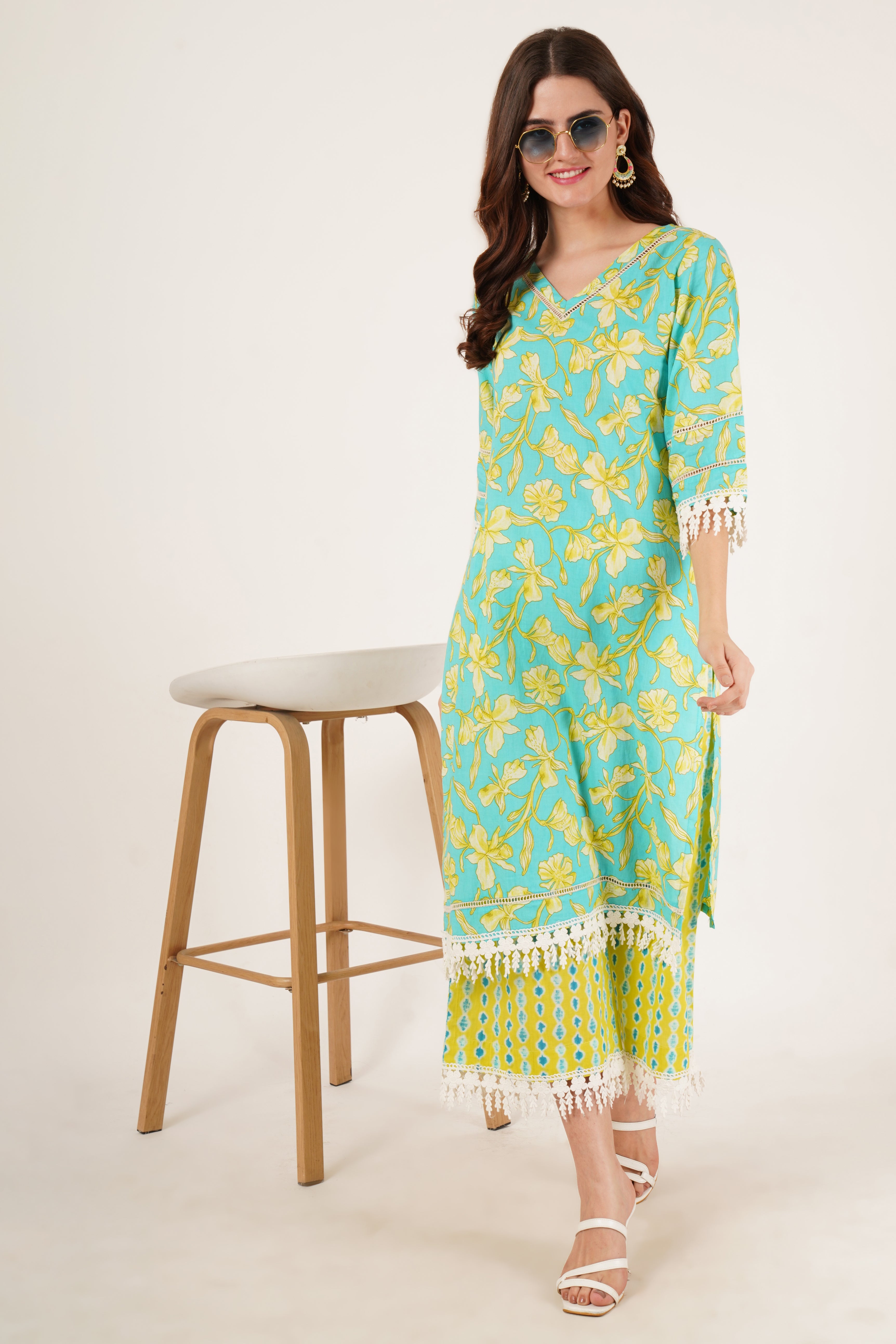 Straight Floral Printed Cotton Kurta with Palazzo Set for Women