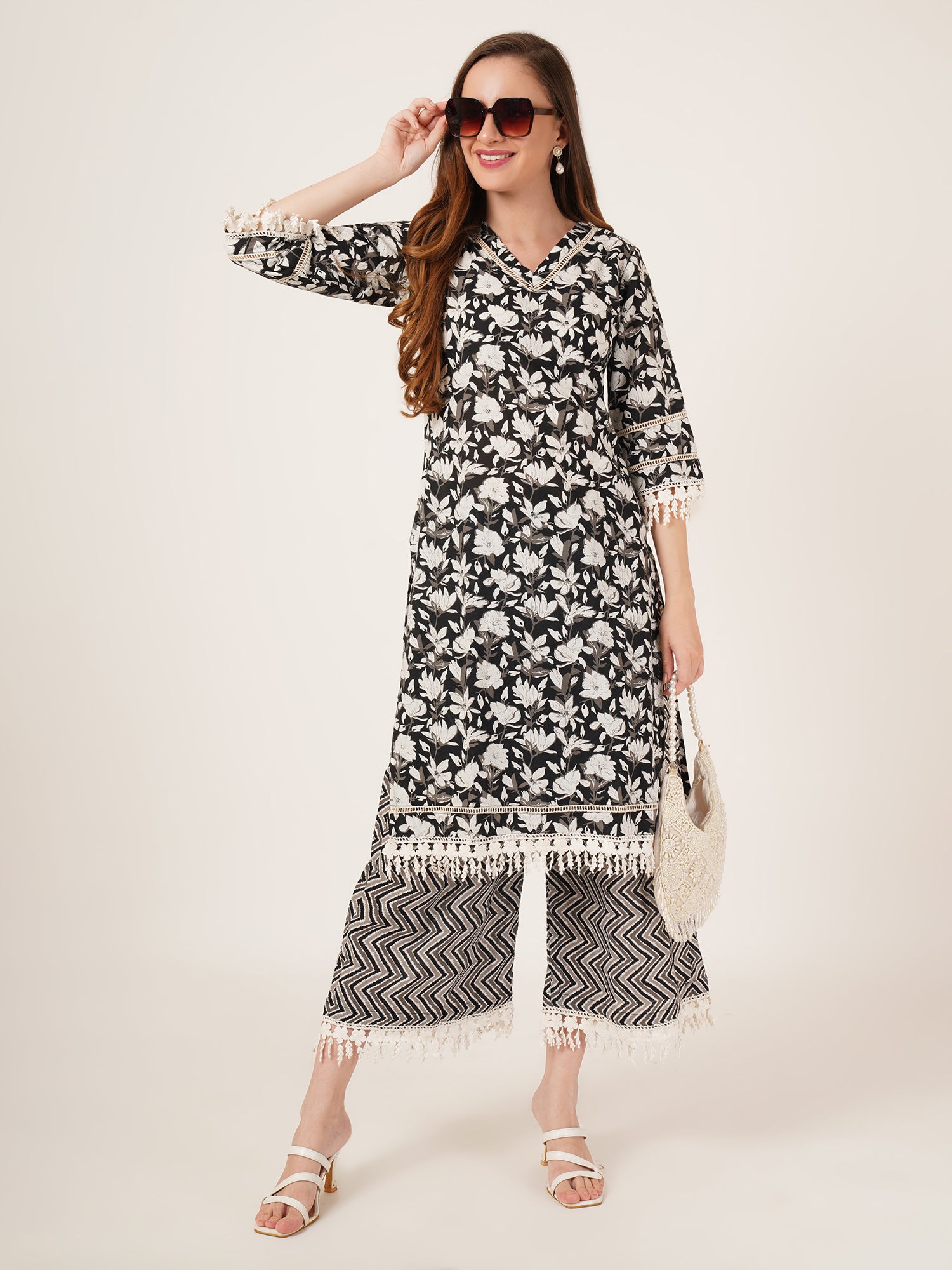 Black and White Geometric Palazzo Kurta Set for Women