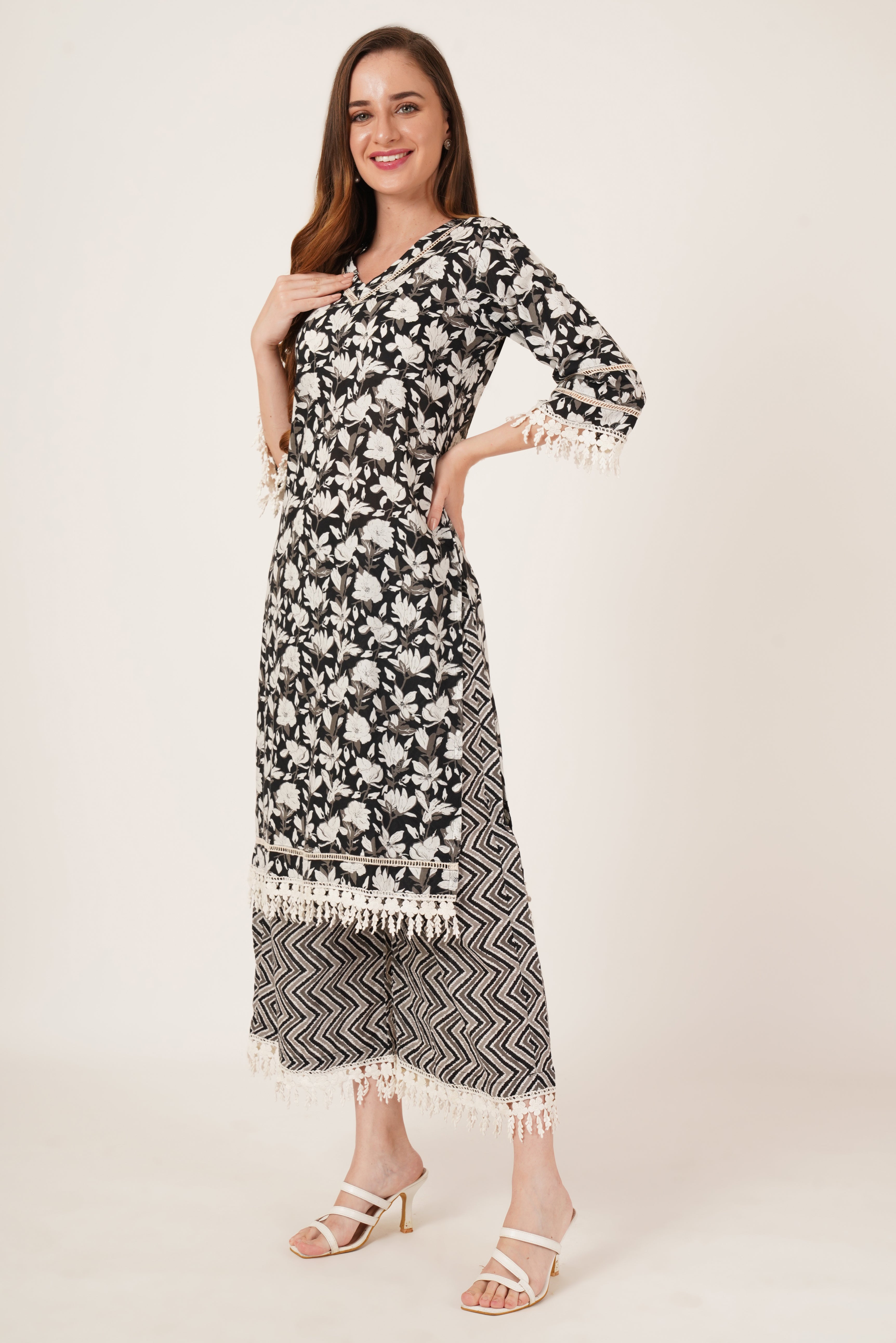 Black and White Geometric Palazzo Kurta Set for Women