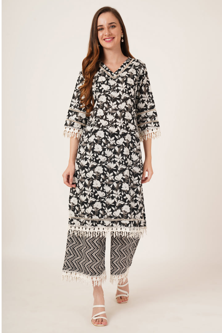 Ensemble Kurta Palazzo géométrique noir et blanc pour femme