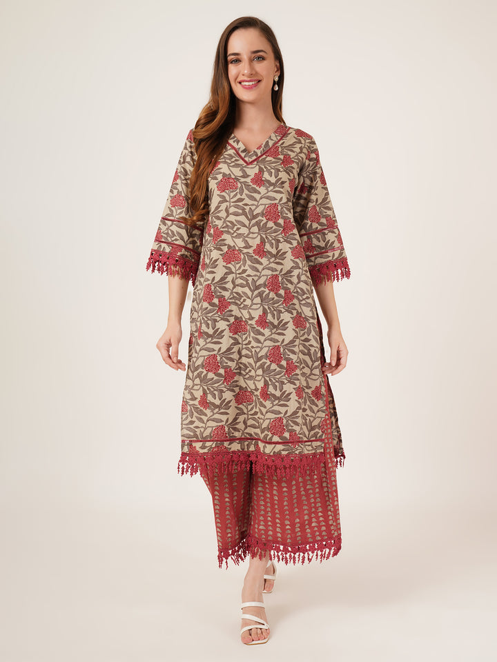 Ensemble Kurta droit en coton imprimé floral avec palazzo pour femme