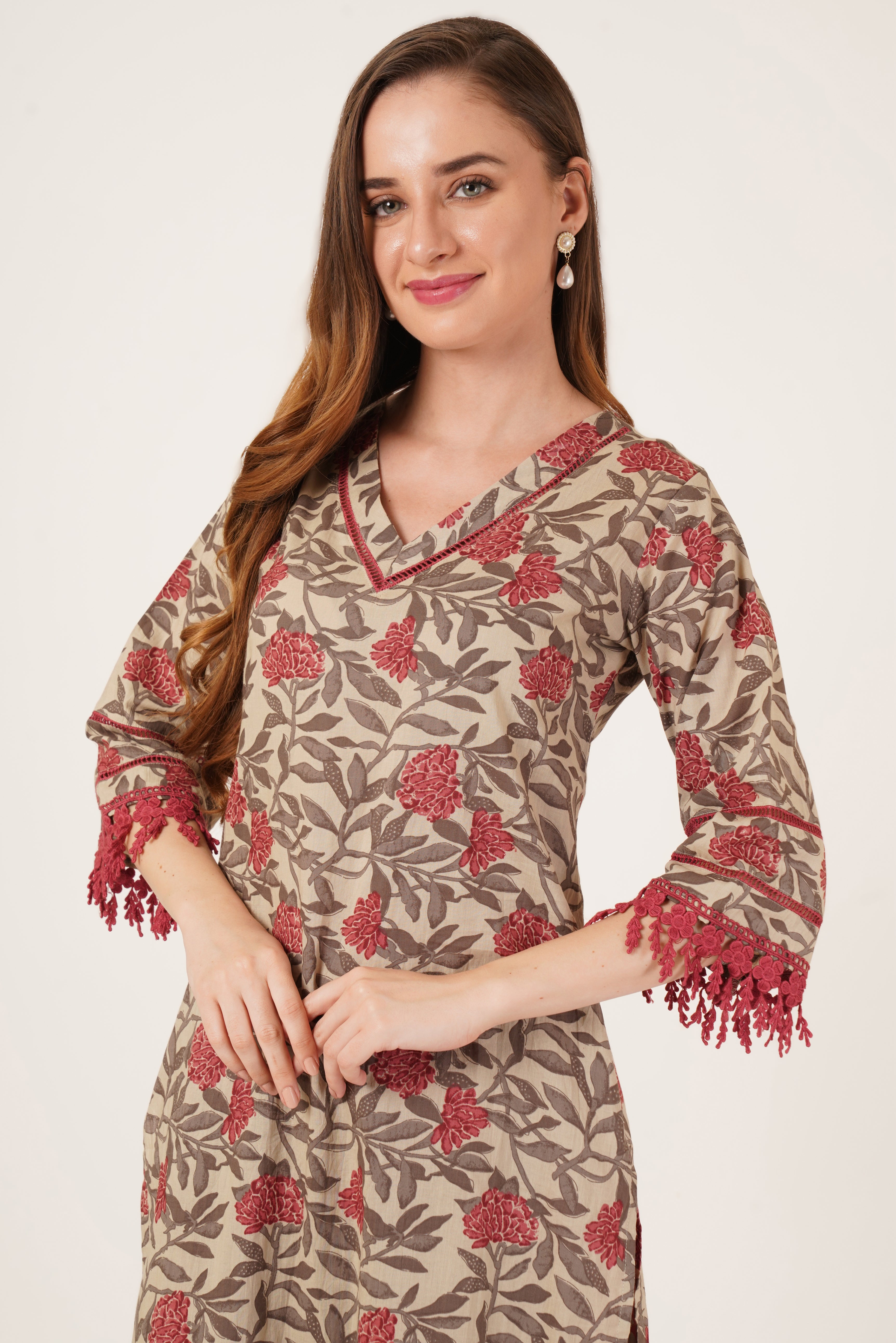 Straight Cotton Floral Printed Kurta with Palazzo Set for Women