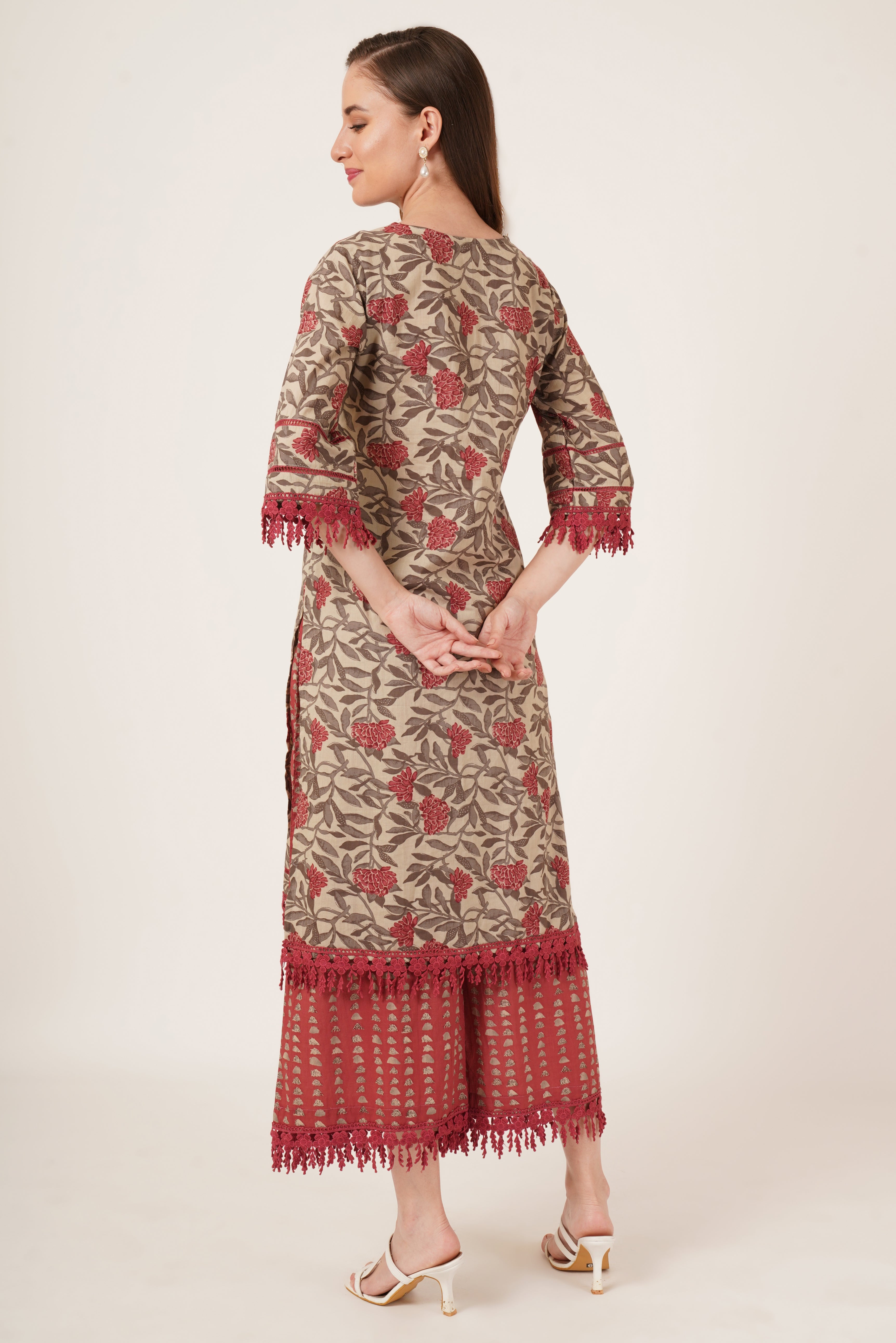 Straight Cotton Floral Printed Kurta with Palazzo Set for Women