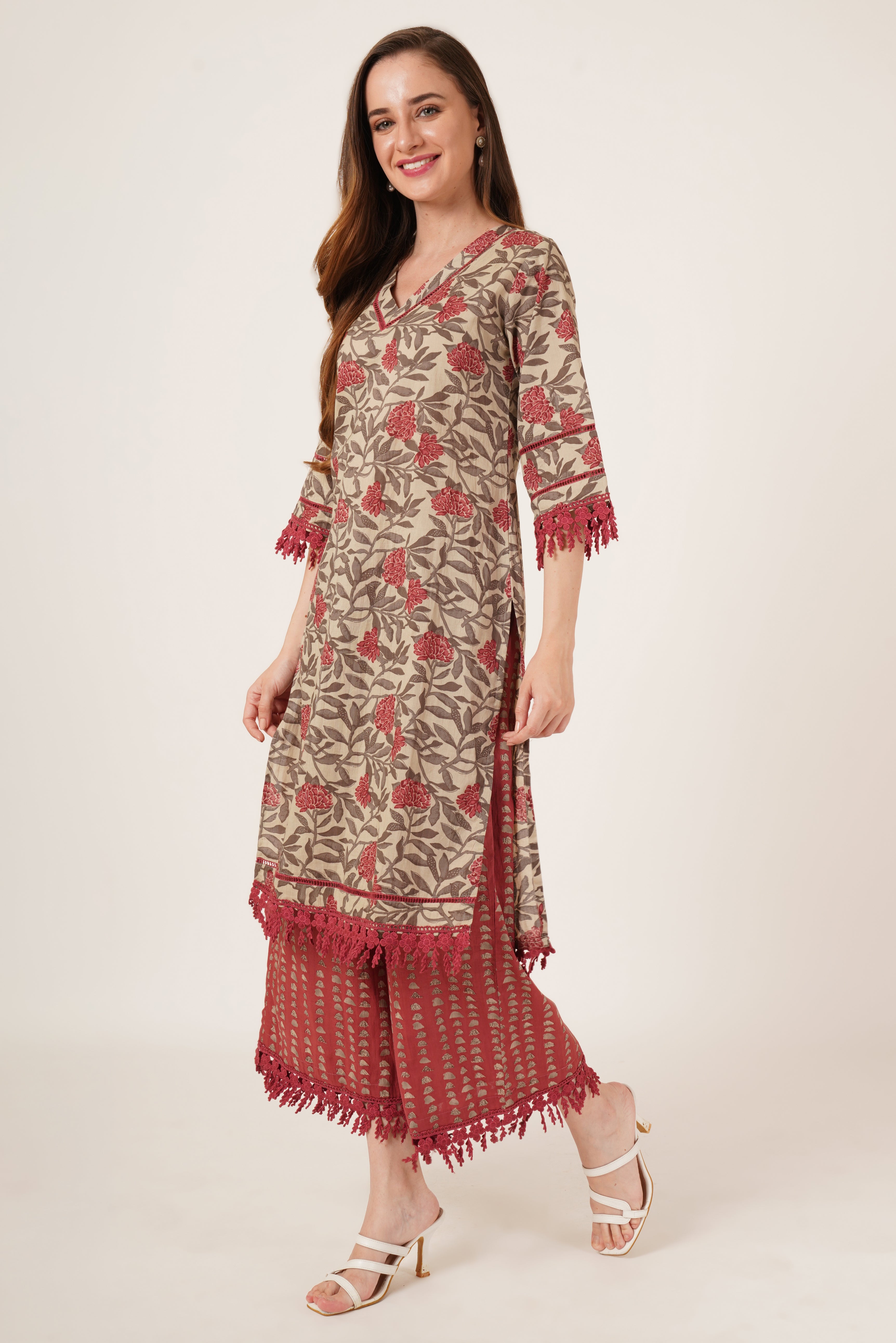 Straight Cotton Floral Printed Kurta with Palazzo Set for Women