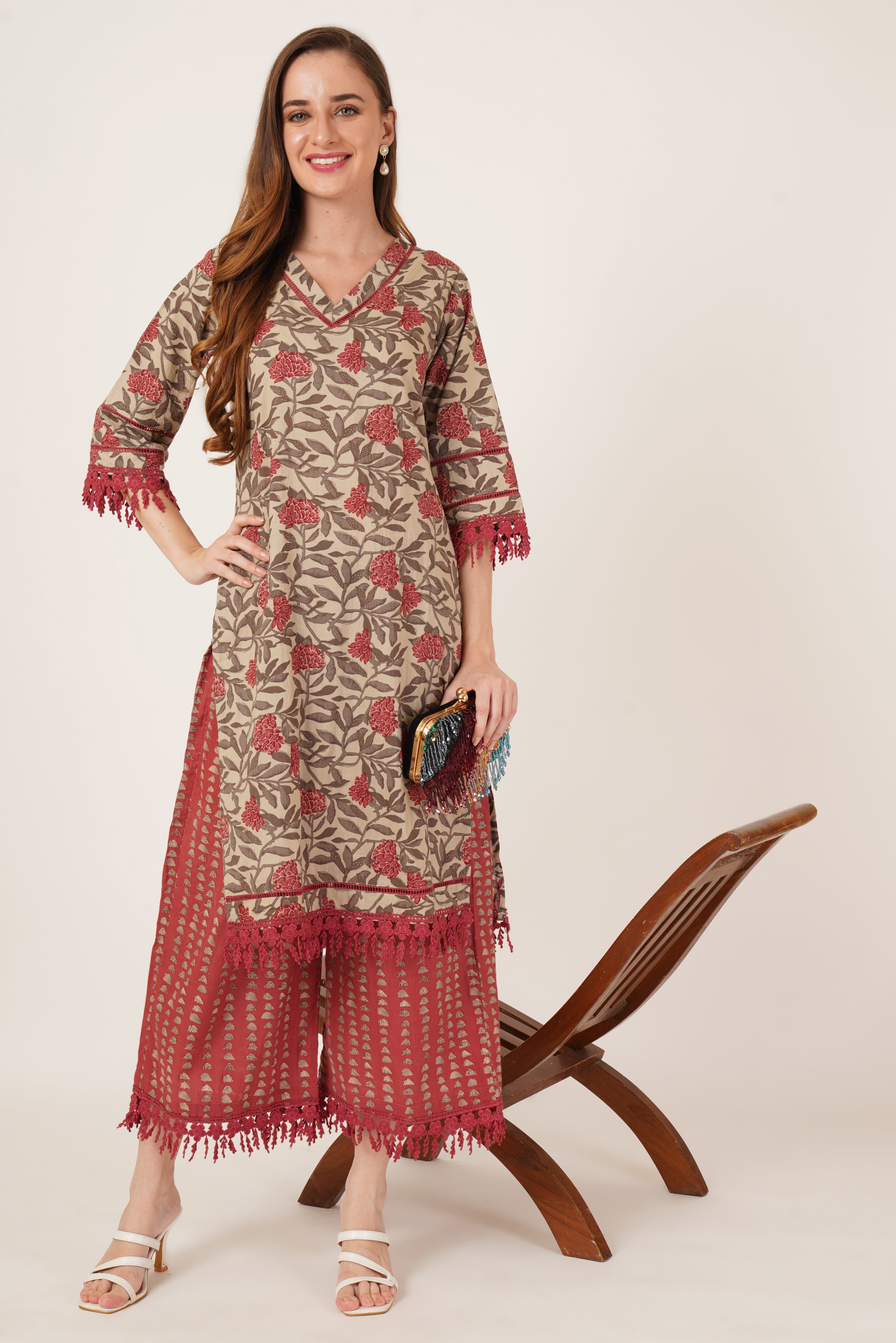 Straight Cotton Floral Printed Kurta with Palazzo Set for Women