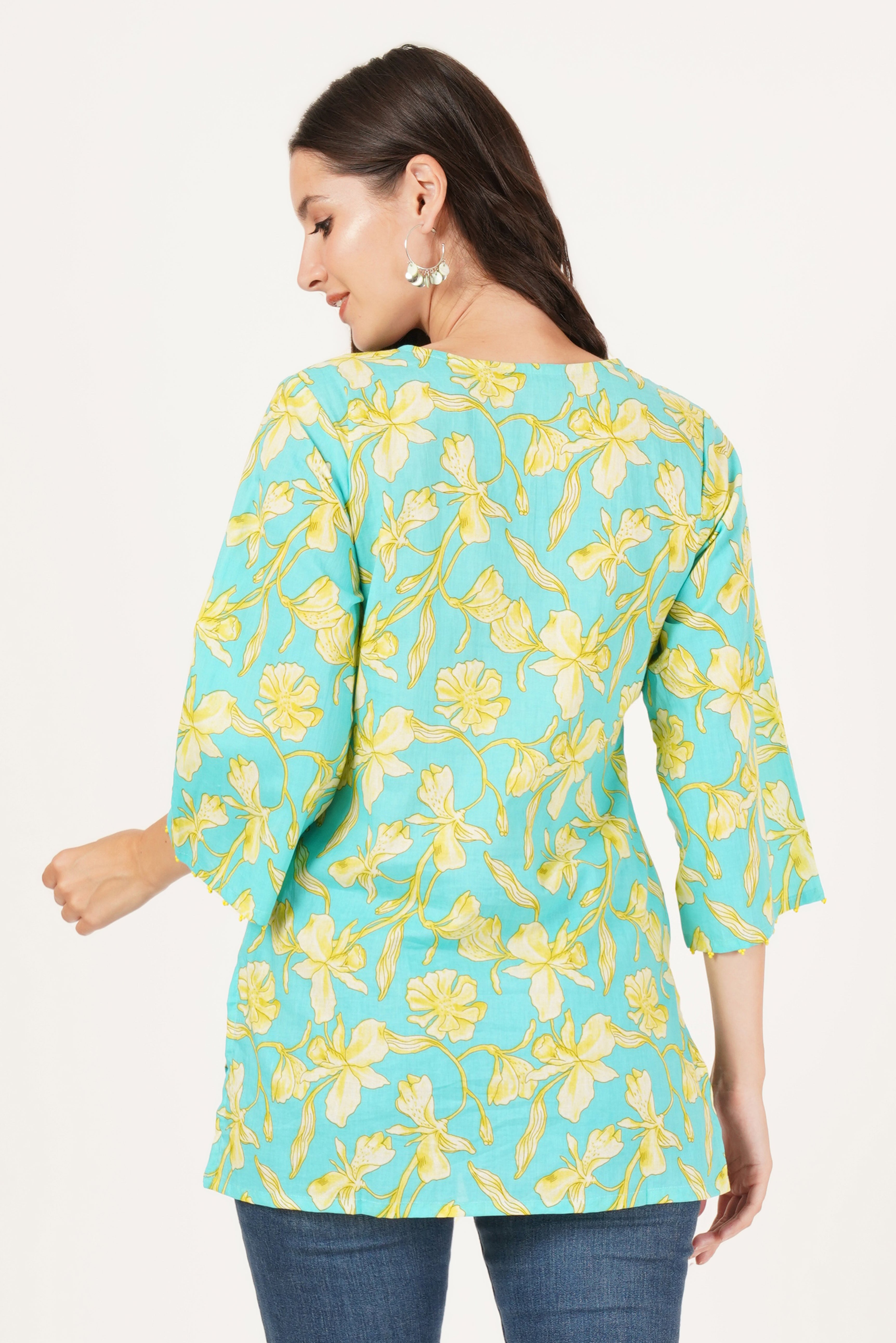 Turquoise with Lily Printed Cotton Short Kurti for Women