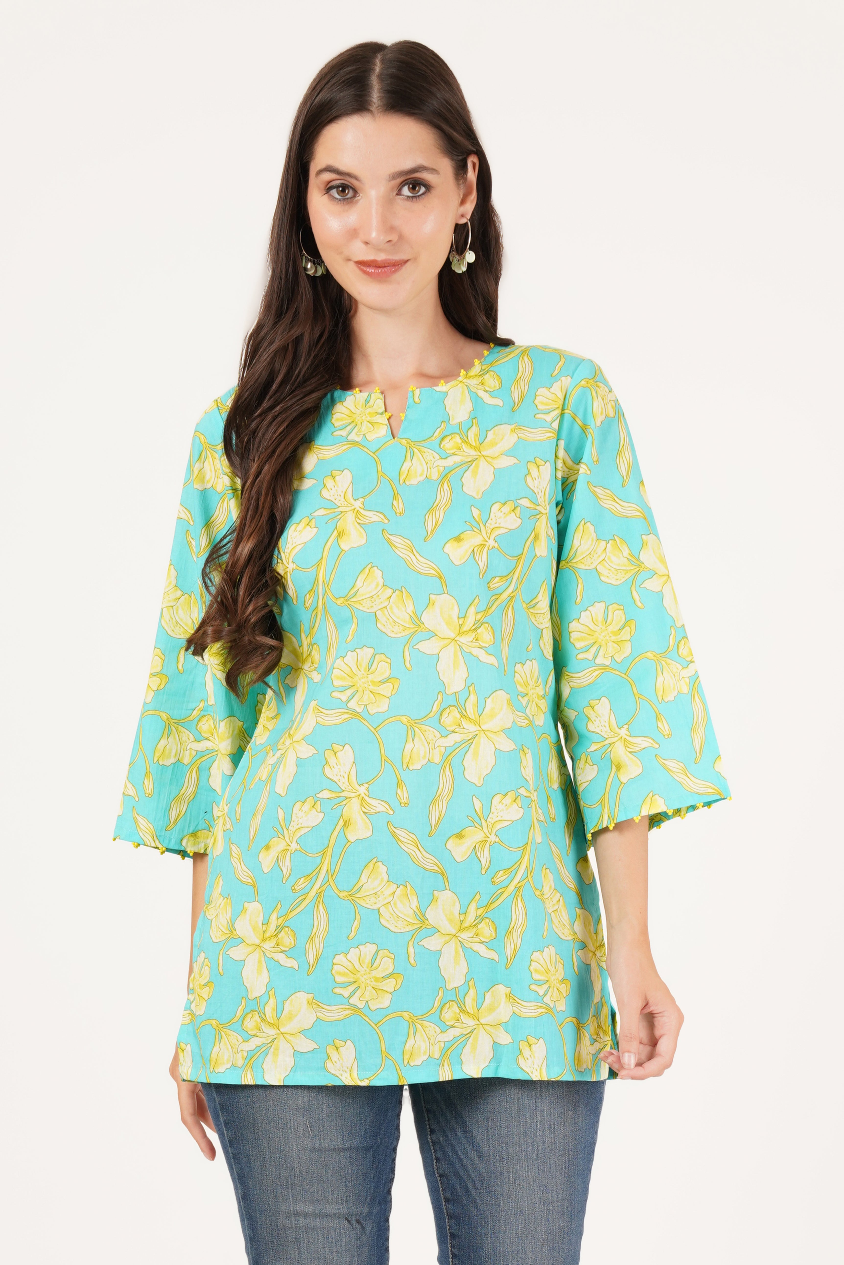 Turquoise with Lily Printed Cotton Short Kurti for Women