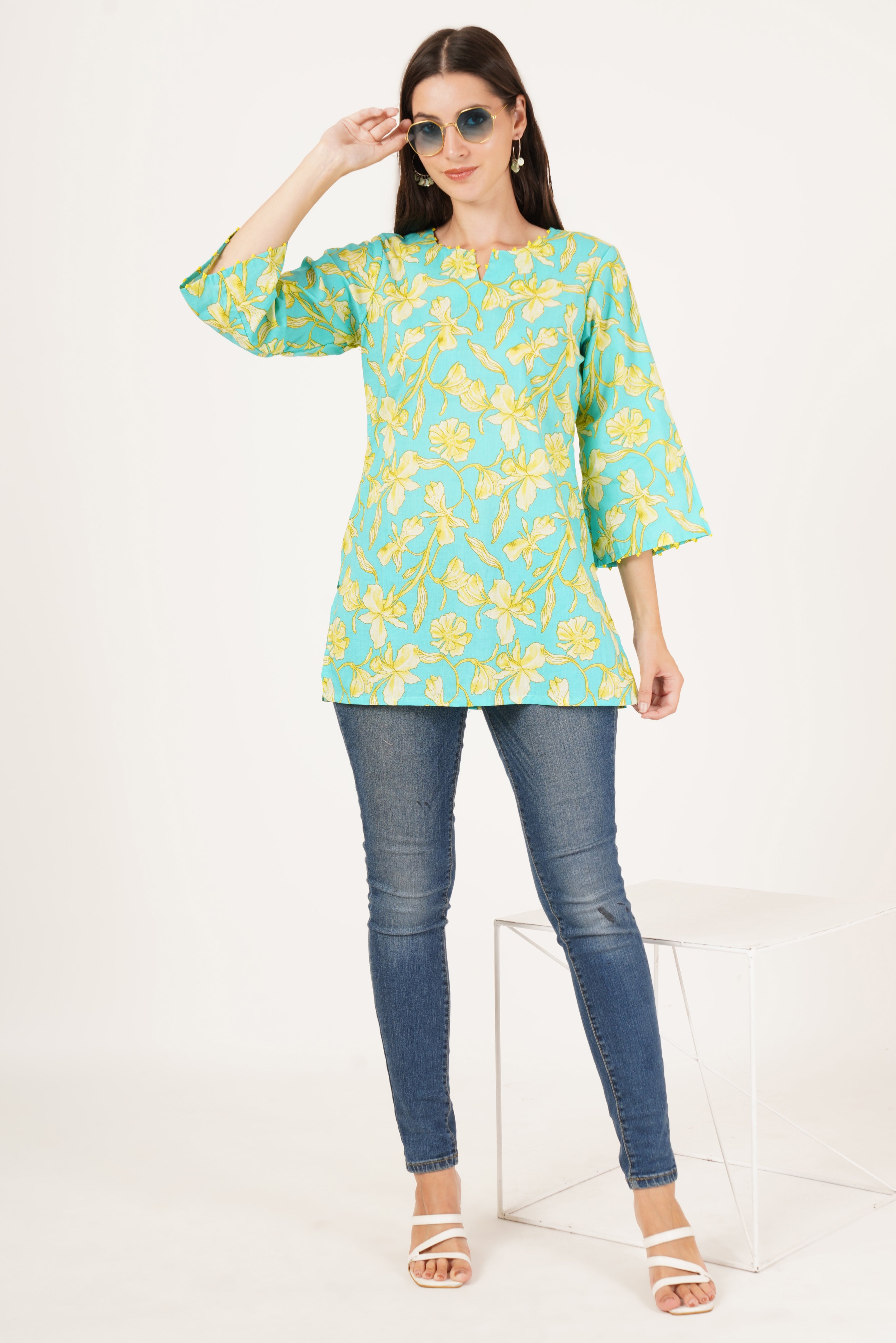 Turquoise with Lily Printed Cotton Short Kurti for Women