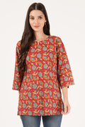 Red Floral Cotton Short Kurti for Women by COTLAND