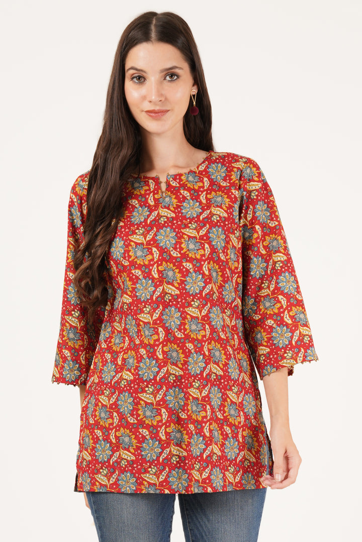 Red Floral Cotton Short Kurti for Women by COTLAND